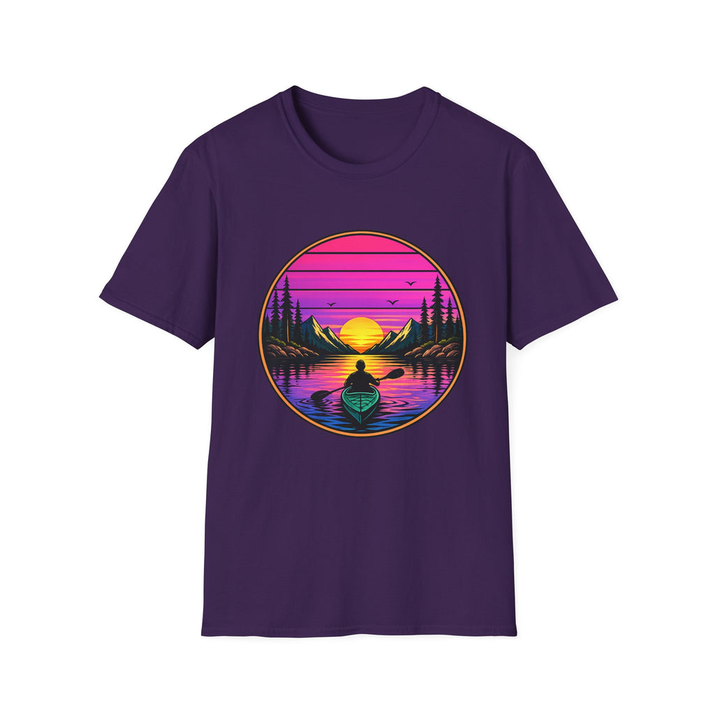 Sunset Kayak T-Shirt — Retro Mountain Lake Design