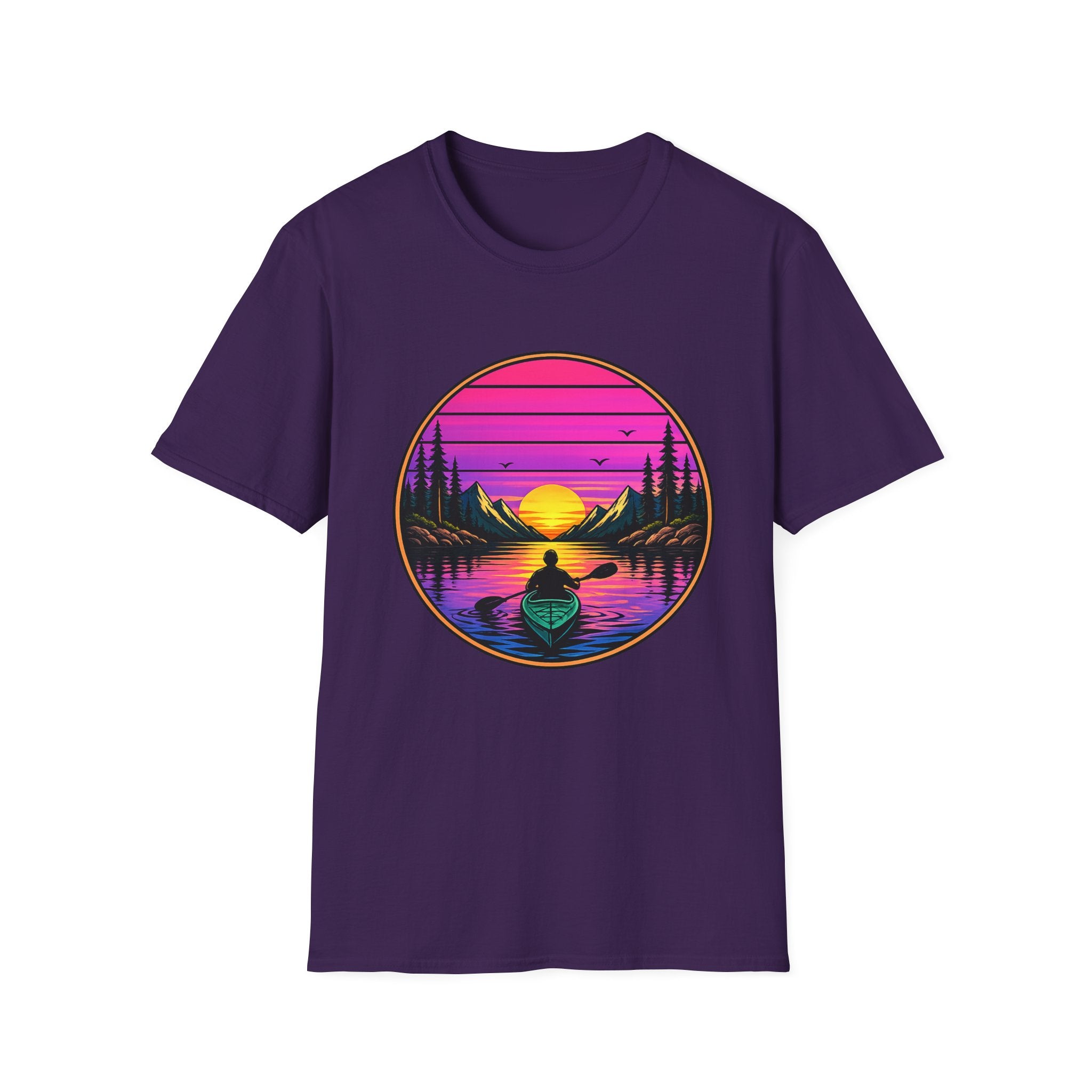 Sunset Kayak T-Shirt — Retro Mountain Lake Design