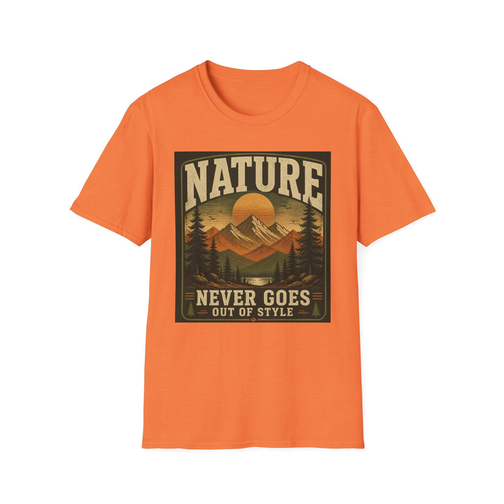 Nature T-Shirt — "Nature Never Goes Out of Style" Vintage Mountain Tee