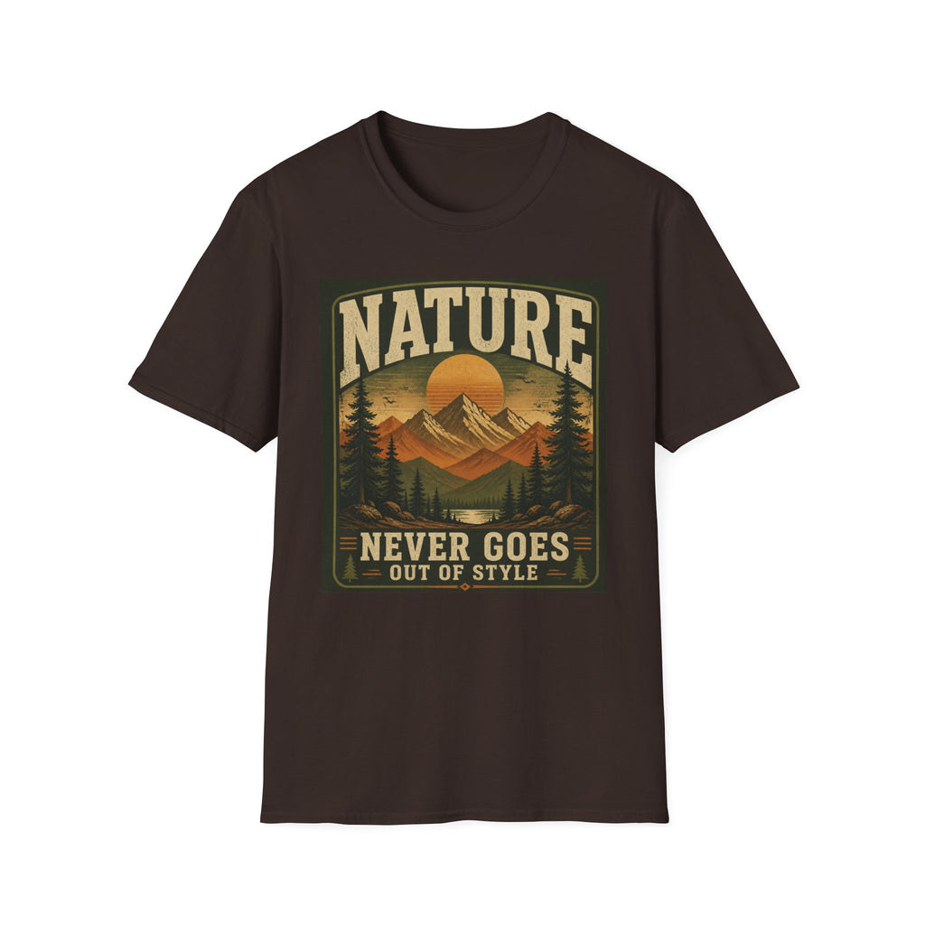 Nature T-Shirt — "Nature Never Goes Out of Style" Vintage Mountain Tee