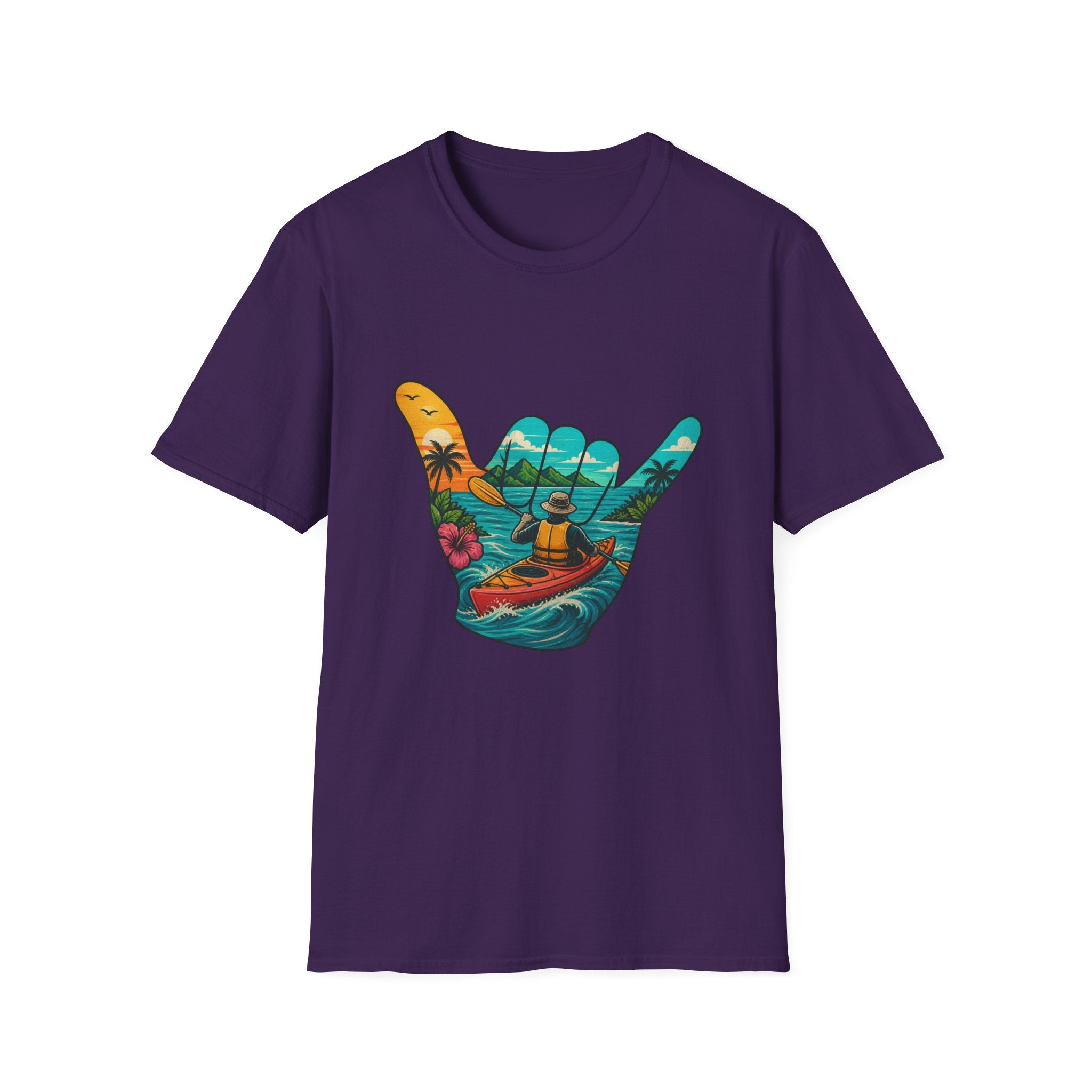 Shaka Kayak Vibes T-Shirt — Tropical Beach Hand Graphic