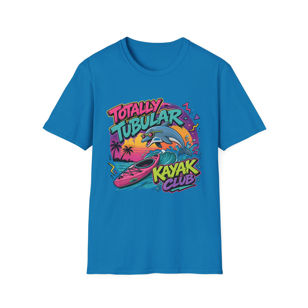 Totally Tubular Kayak Club T-Shirt — Retro Dolphin Kayaking Graphic