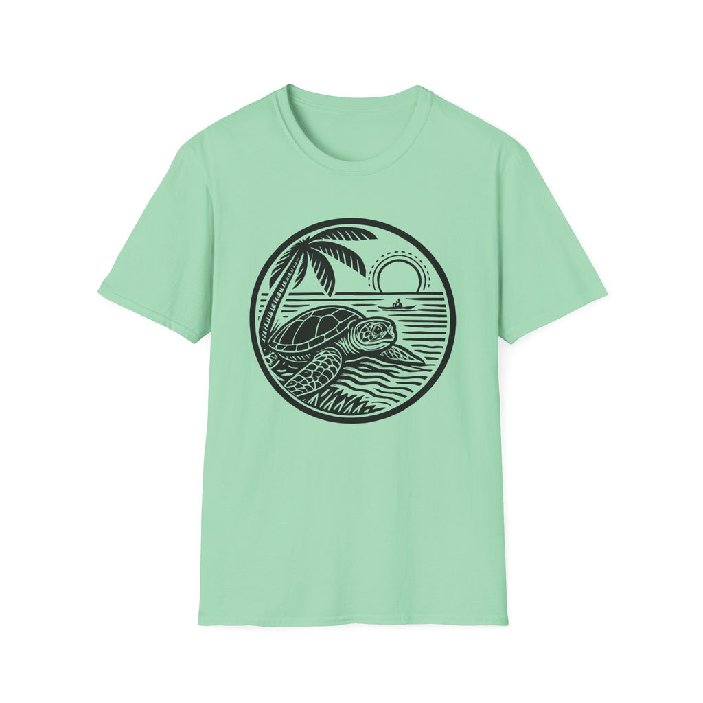 Sea Turtle with Kayak T-Shirt — Vintage Coastal Sunset Graphic