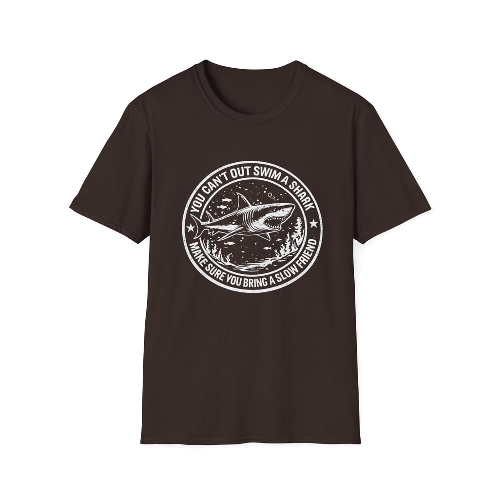 Shark Graphic T-Shirt — "You Can't Out Swim a Shark" Retro Fish Design