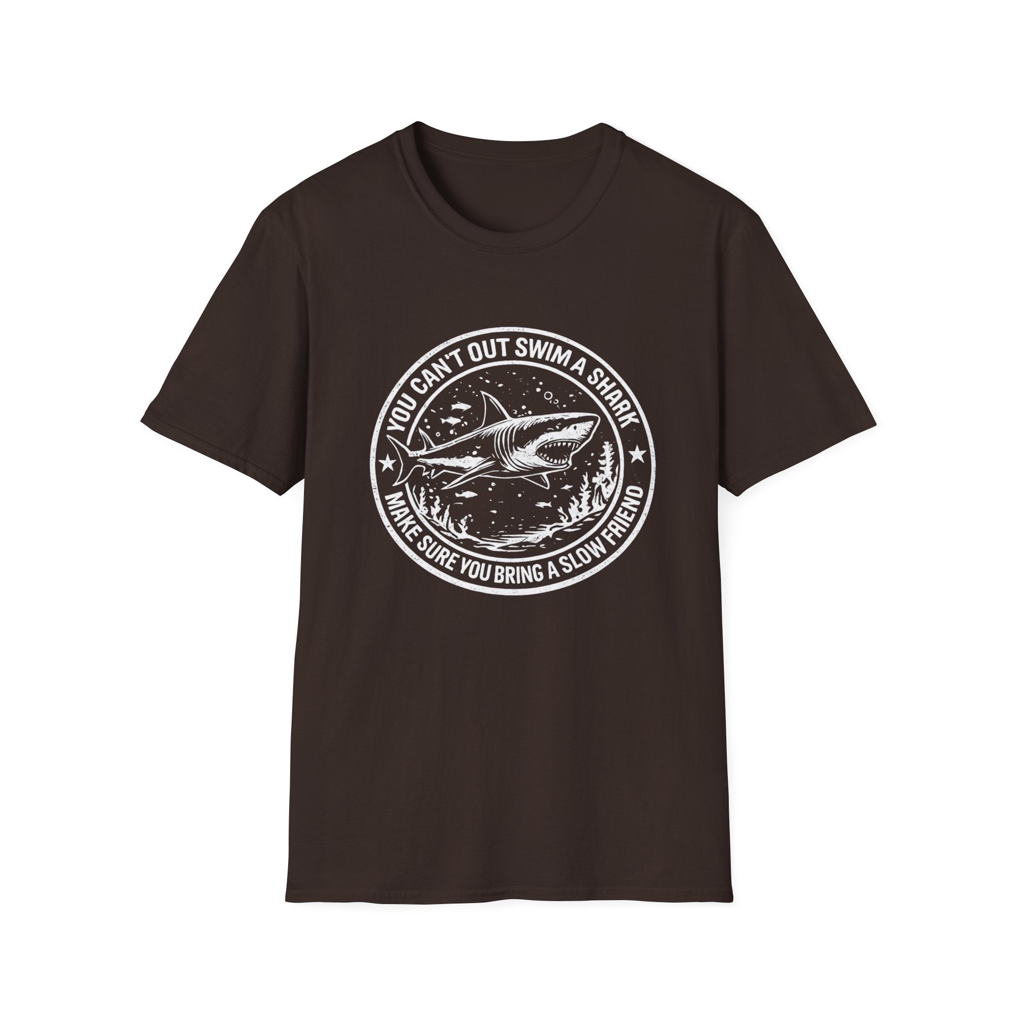 Shark Graphic T-Shirt — "You Can't Out Swim a Shark" Retro Fish Design