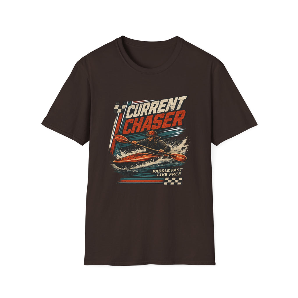 Current Chaser Kayak T-Shirt — Paddle Fast Live Free Vintage Watercraft Tee