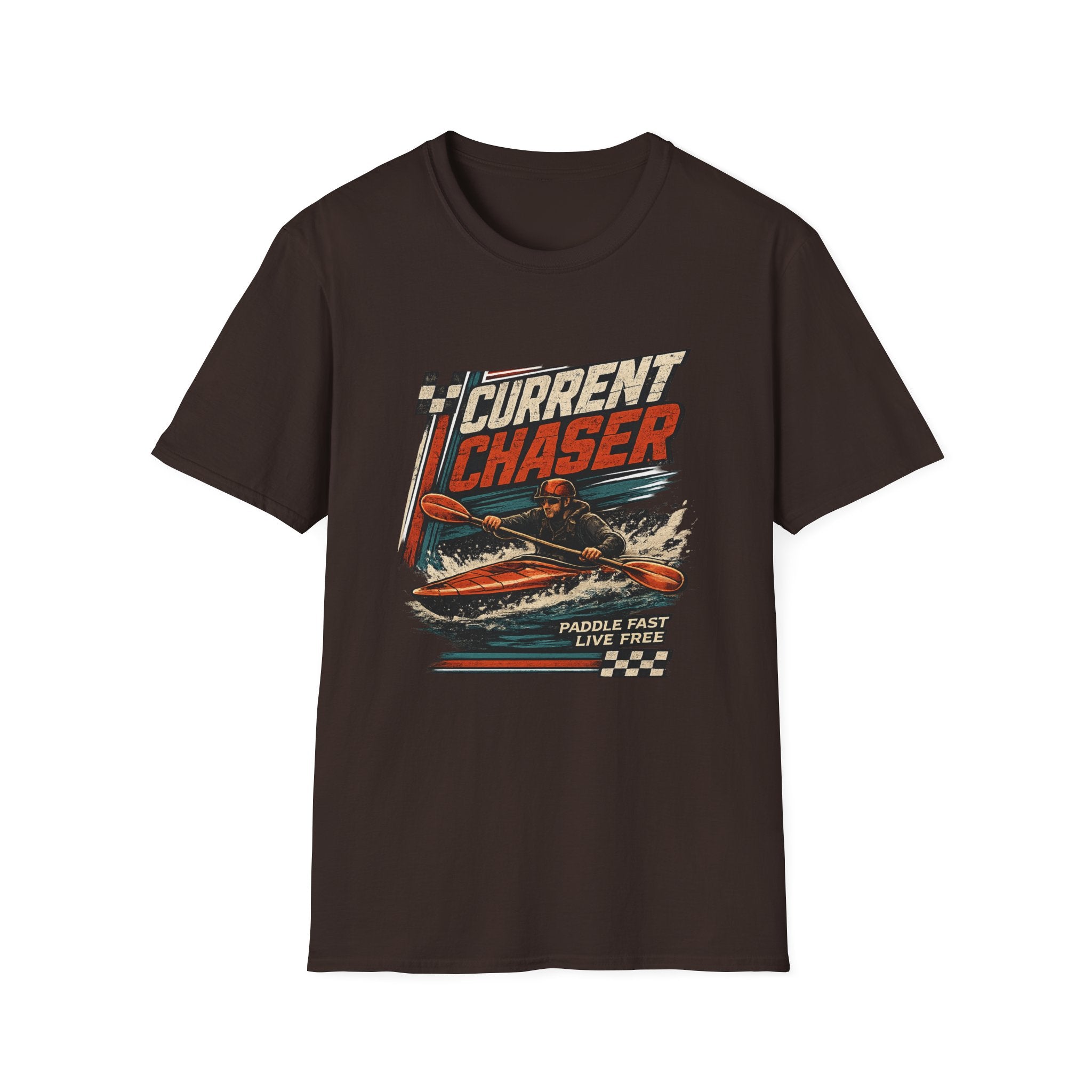 Current Chaser Kayak T-Shirt — Paddle Fast Live Free Vintage Watercraft Tee