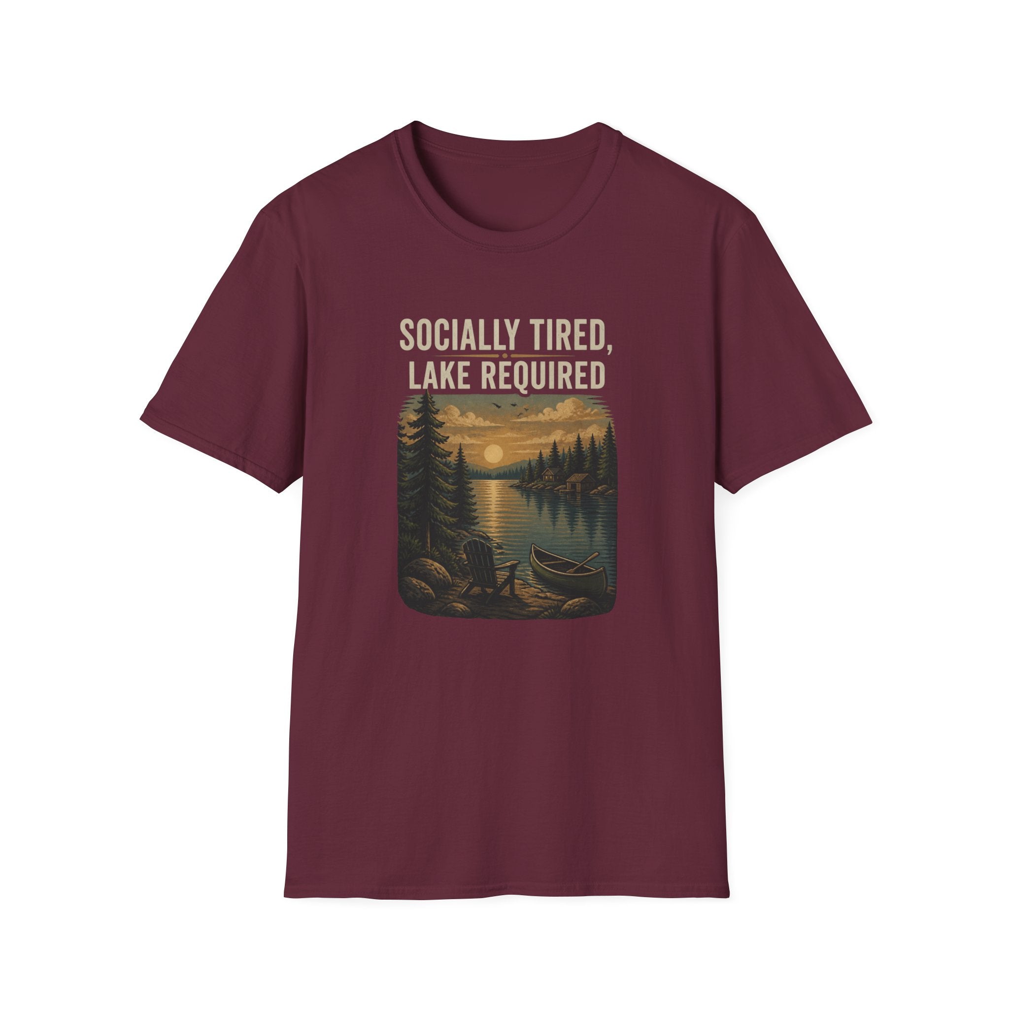 Lake Lover T-Shirt — "Socially Tired, Lake Required" Retro Sunset Camp Tee