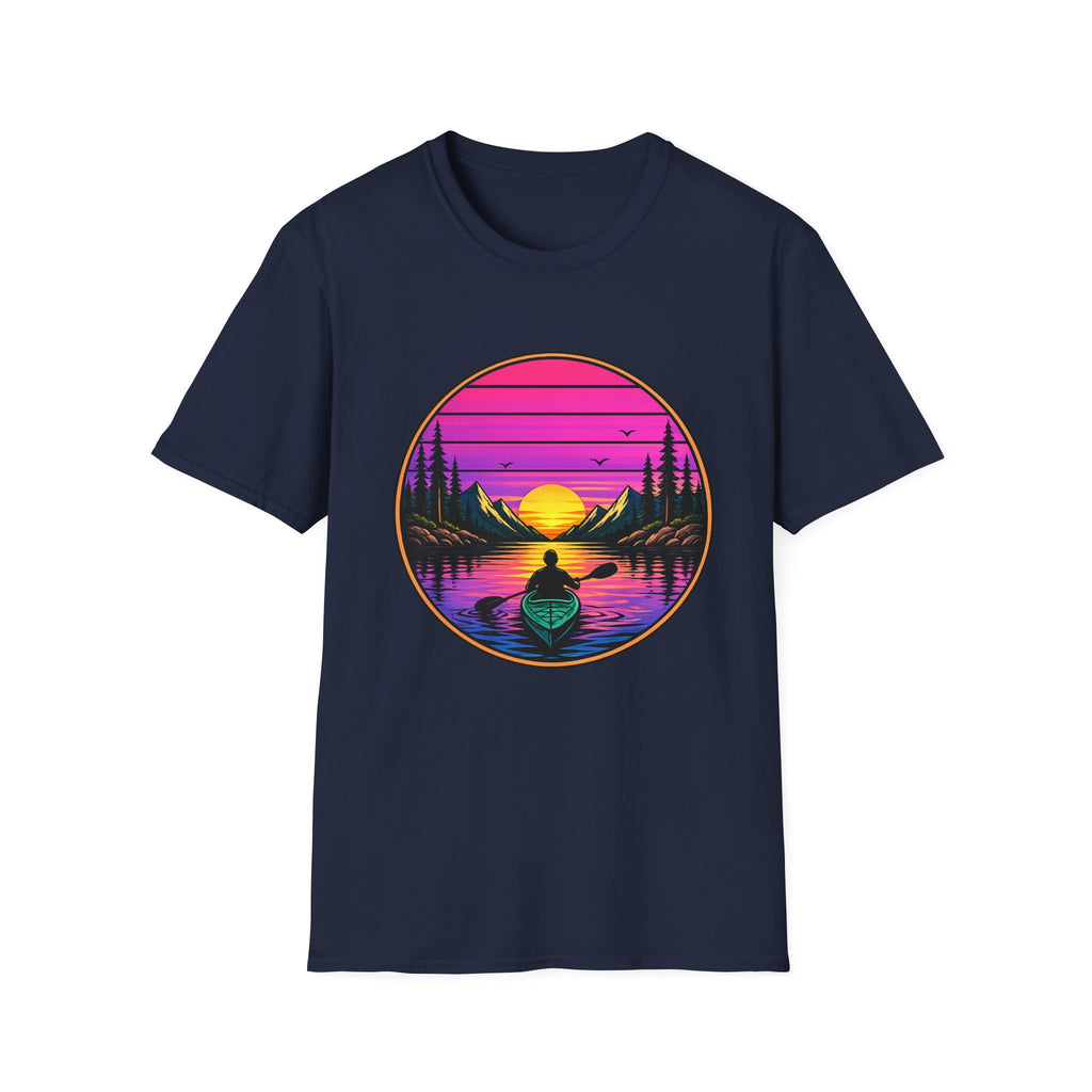 Sunset Kayak T-Shirt — Retro Mountain Lake Design