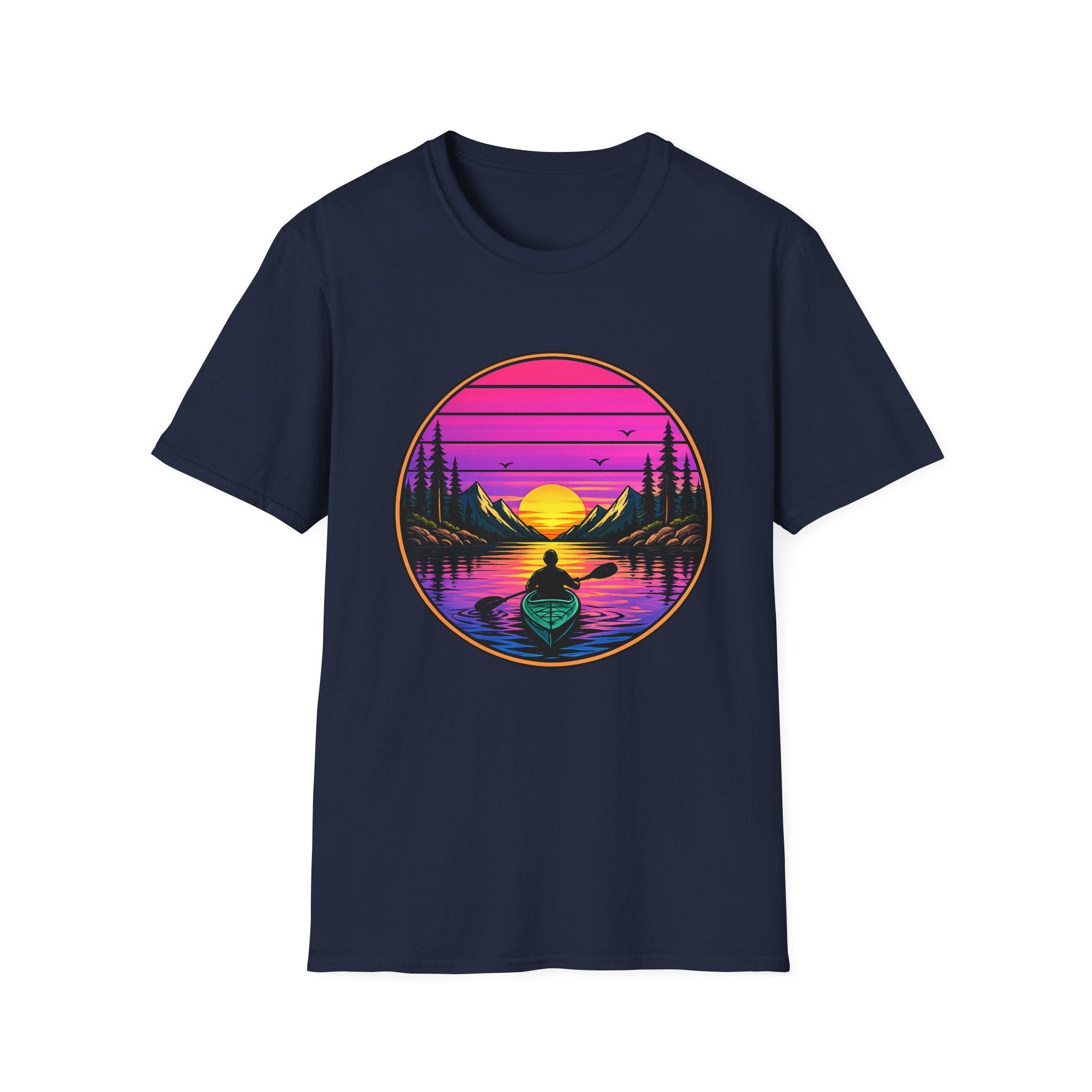 Sunset Kayak T-Shirt — Retro Mountain Lake Design