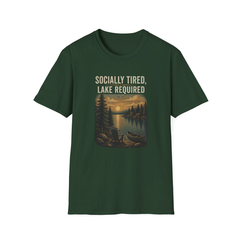 Lake Lover T-Shirt — "Socially Tired, Lake Required" Retro Sunset Camp Tee