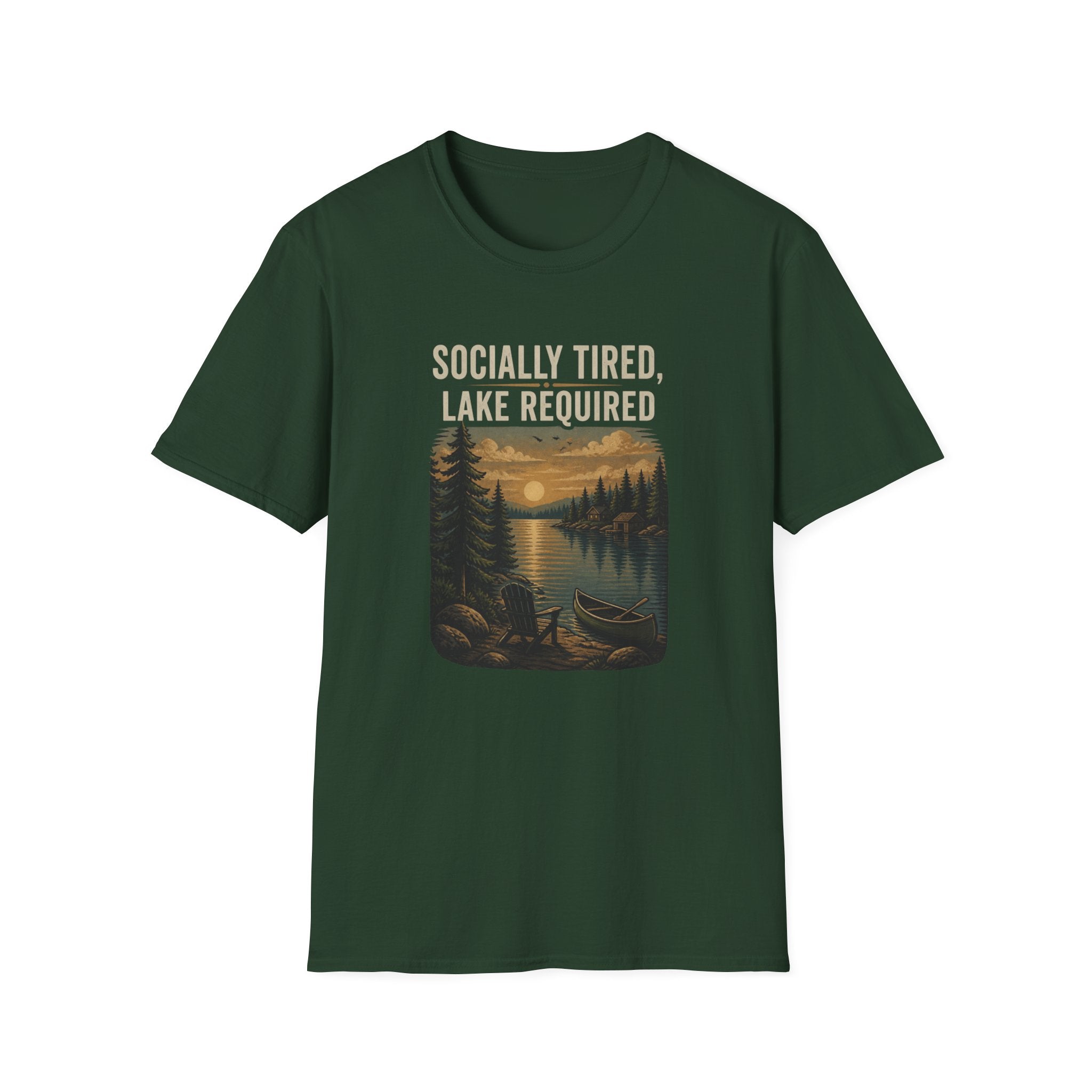 Lake Lover T-Shirt — "Socially Tired, Lake Required" Retro Sunset Camp Tee