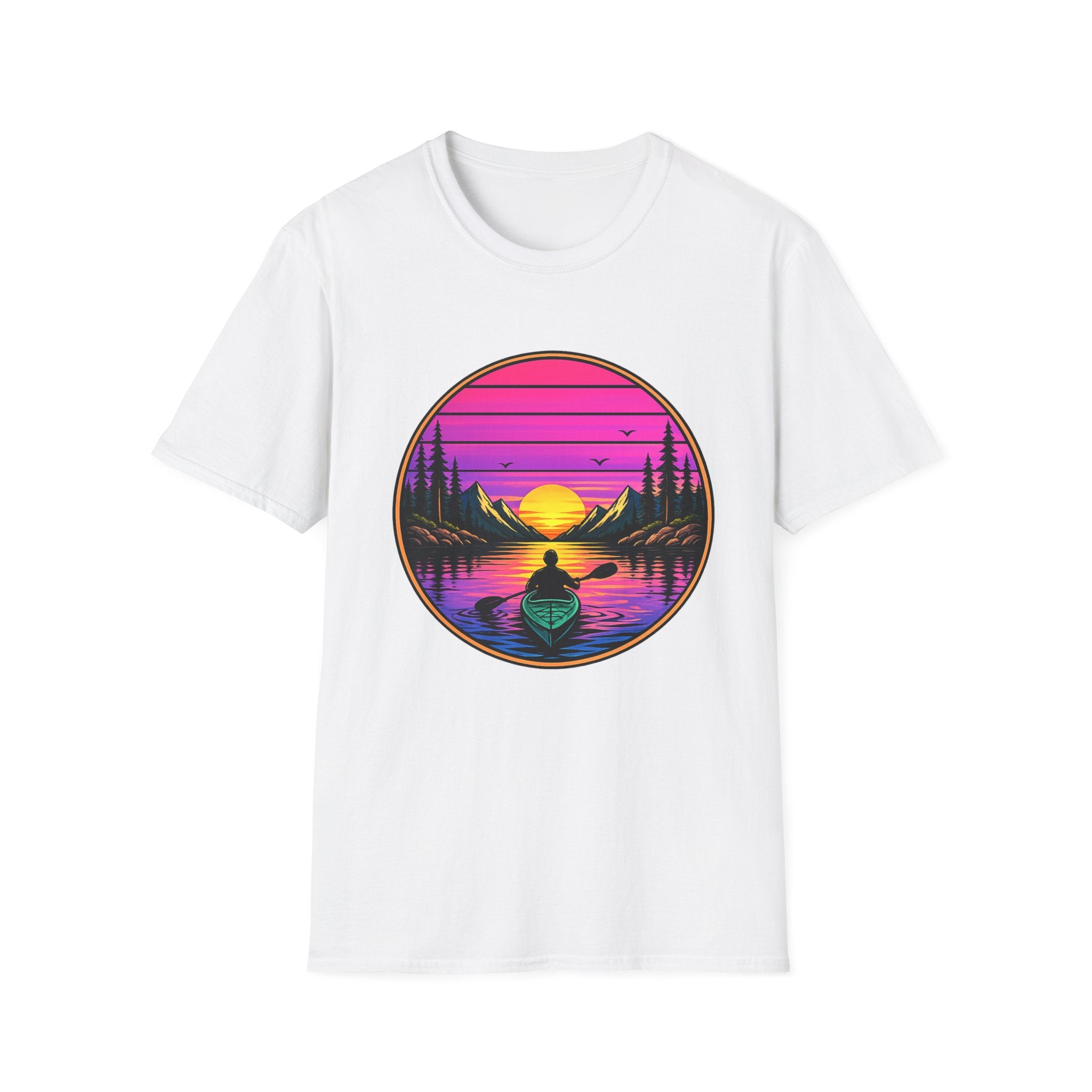 Sunset Kayak T-Shirt — Retro Mountain Lake Design
