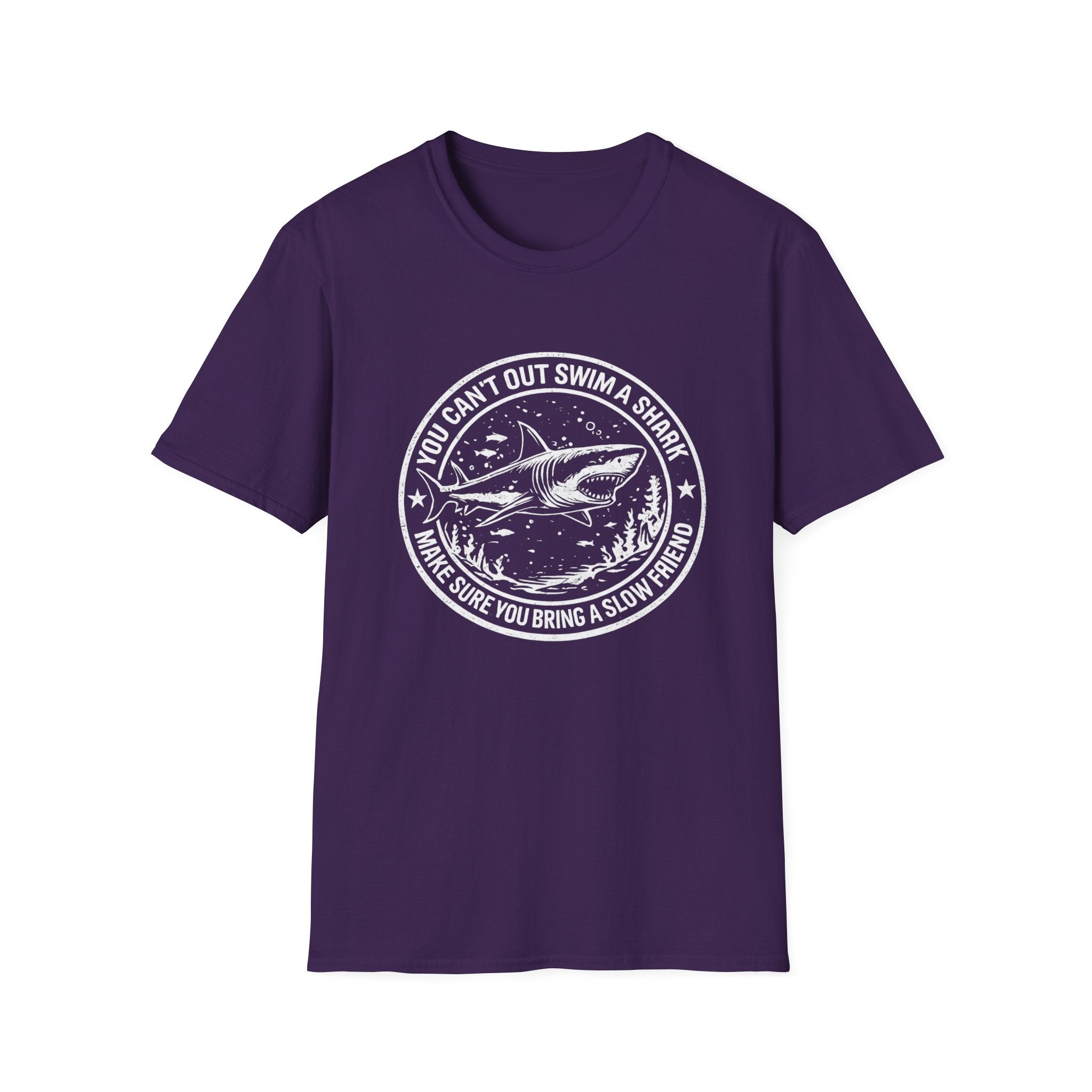 Shark Graphic T-Shirt — "You Can't Out Swim a Shark" Retro Fish Design