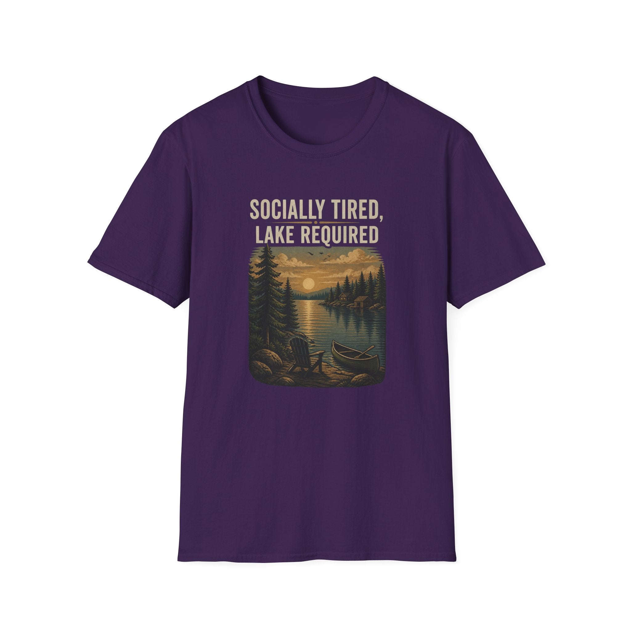 Lake Lover T-Shirt — "Socially Tired, Lake Required" Retro Sunset Camp Tee