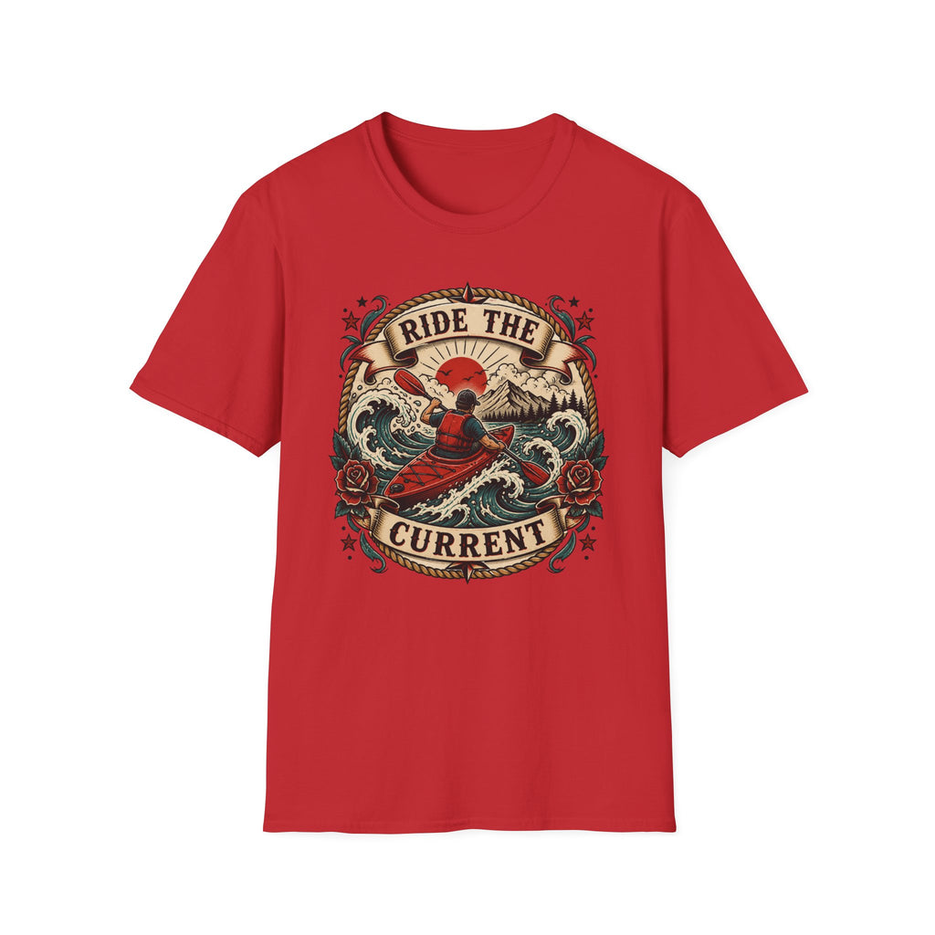 Ride the Current Surf T-Shirt — Retro Kayak Waves Graphic Tee