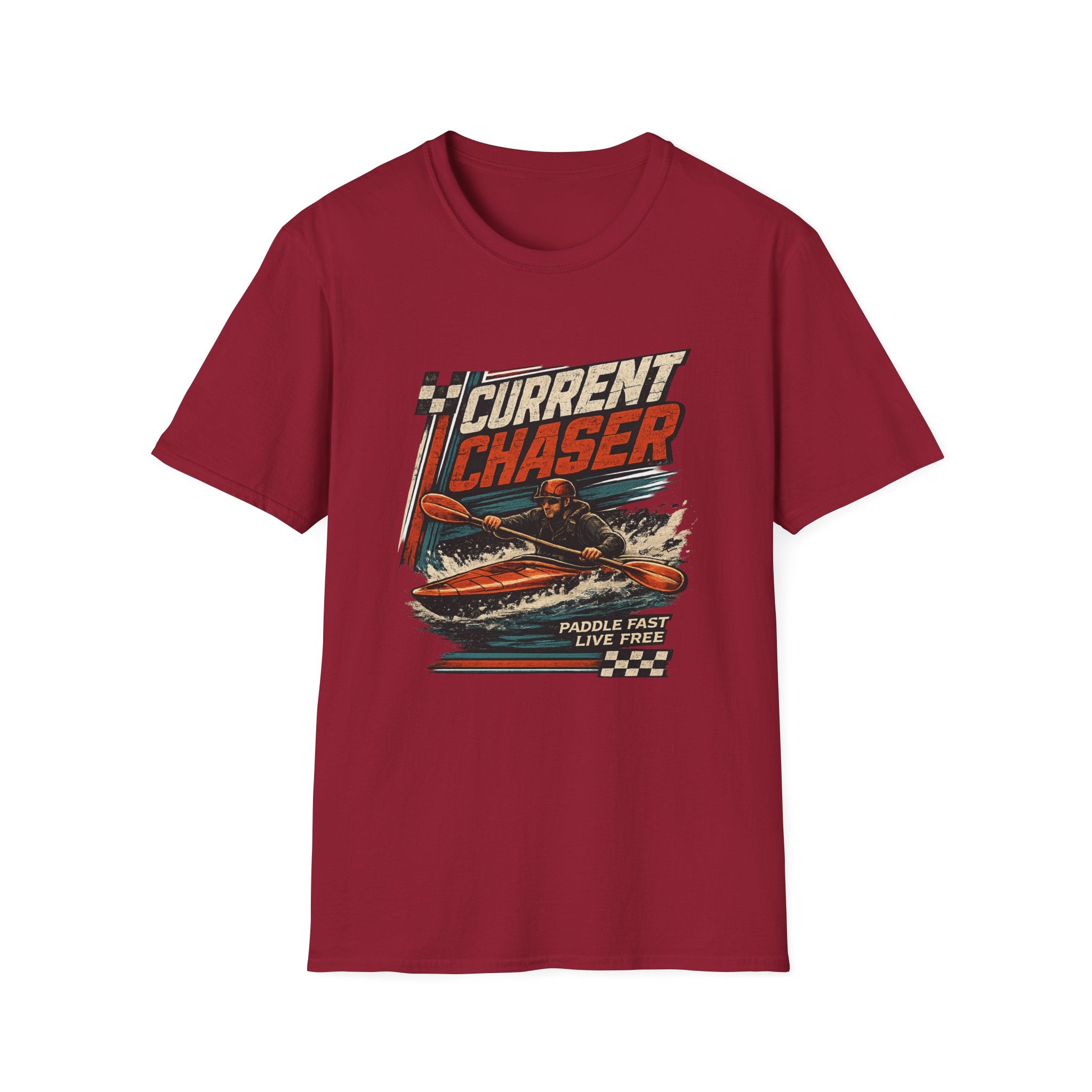 Current Chaser Kayak T-Shirt — Paddle Fast Live Free Vintage Watercraft Tee