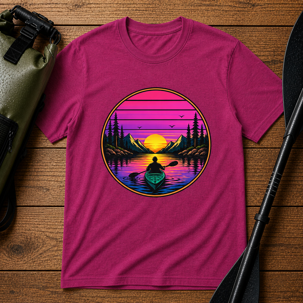 Sunset Kayak T-Shirt — Retro Mountain Lake Design