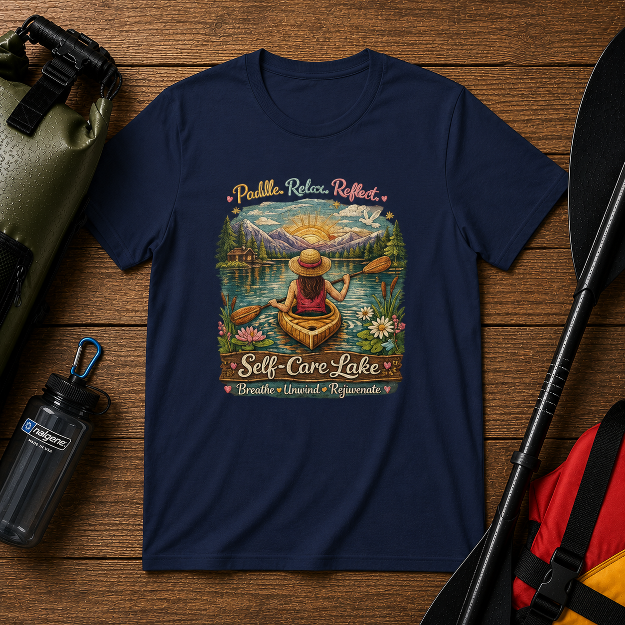 Self-Care Lake T-Shirt — Relaxing Kayaking Nature Retreat Graphic Tee