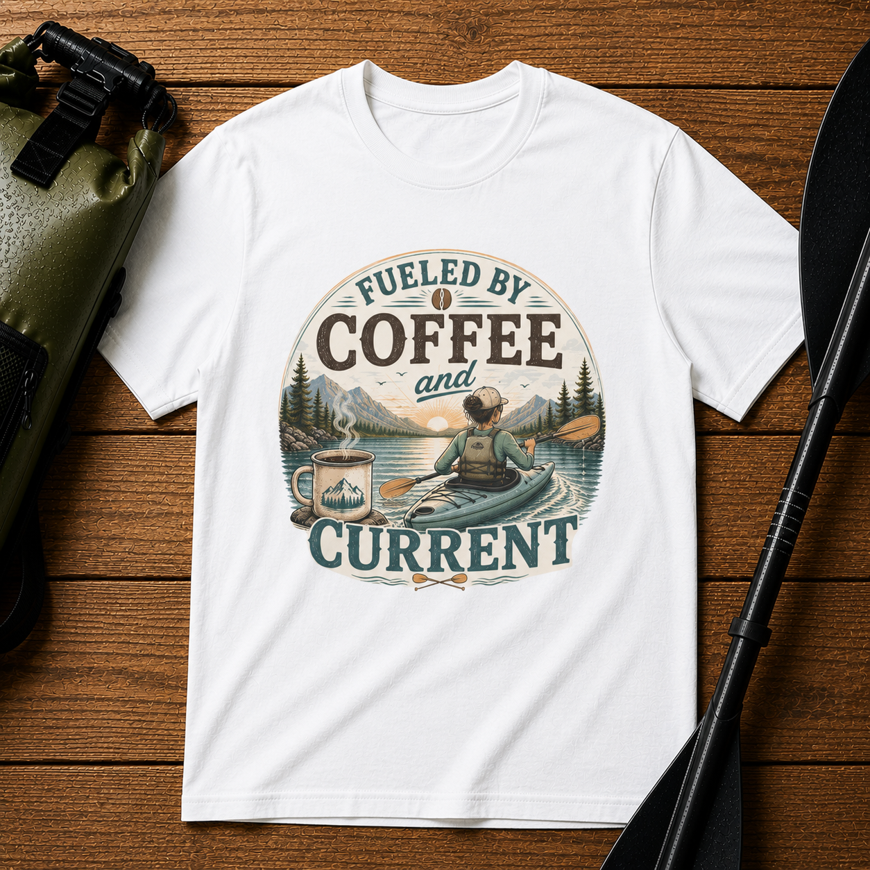 Kayak T-Shirt — "Fueled by Coffee and Current" Outdoor Adventure Tee