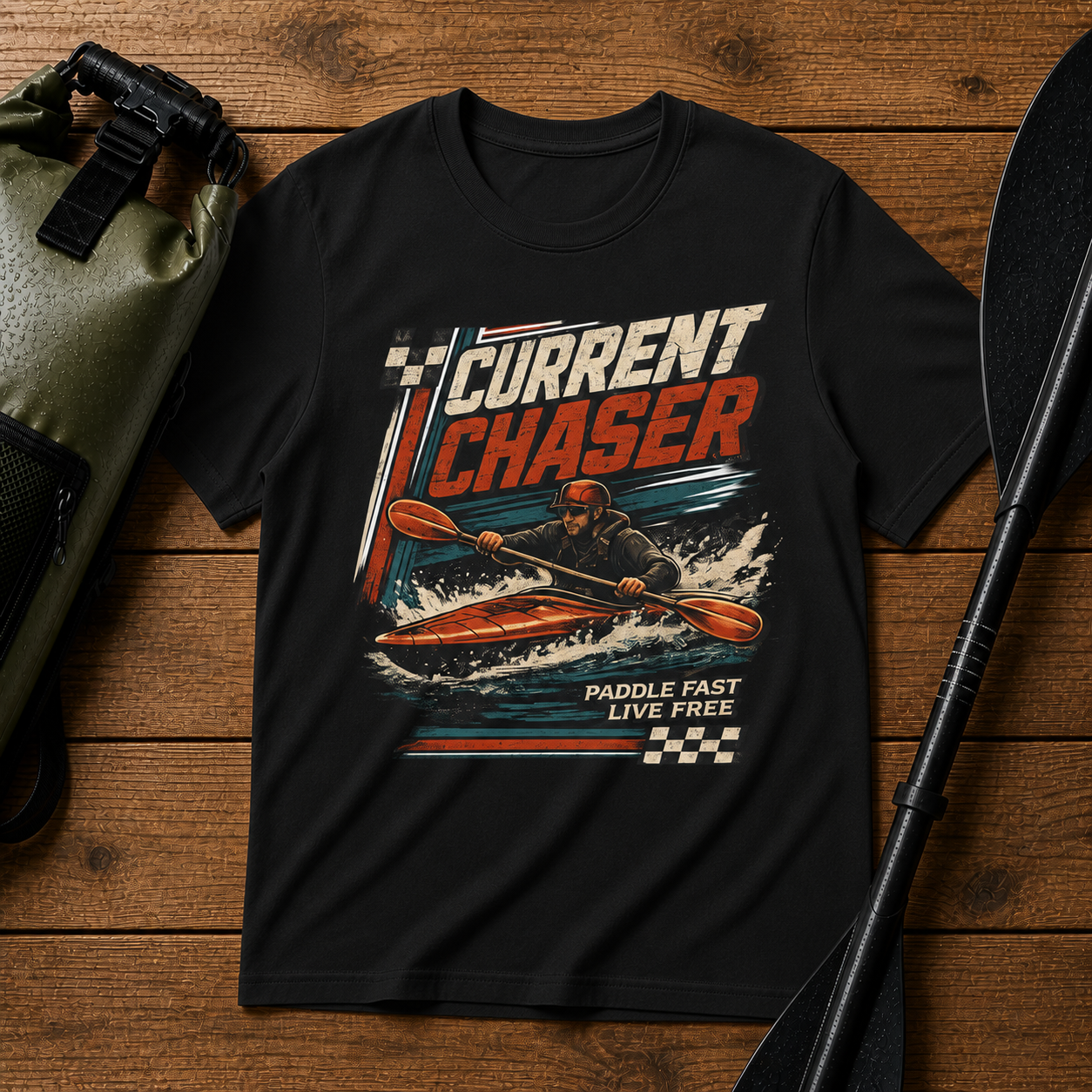 Current Chaser Kayak T-Shirt — Paddle Fast Live Free Vintage Watercraft Tee