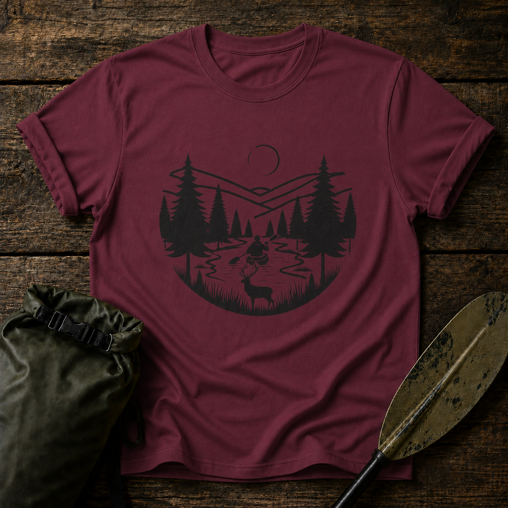Mountain River Scene with Deer T-Shirt