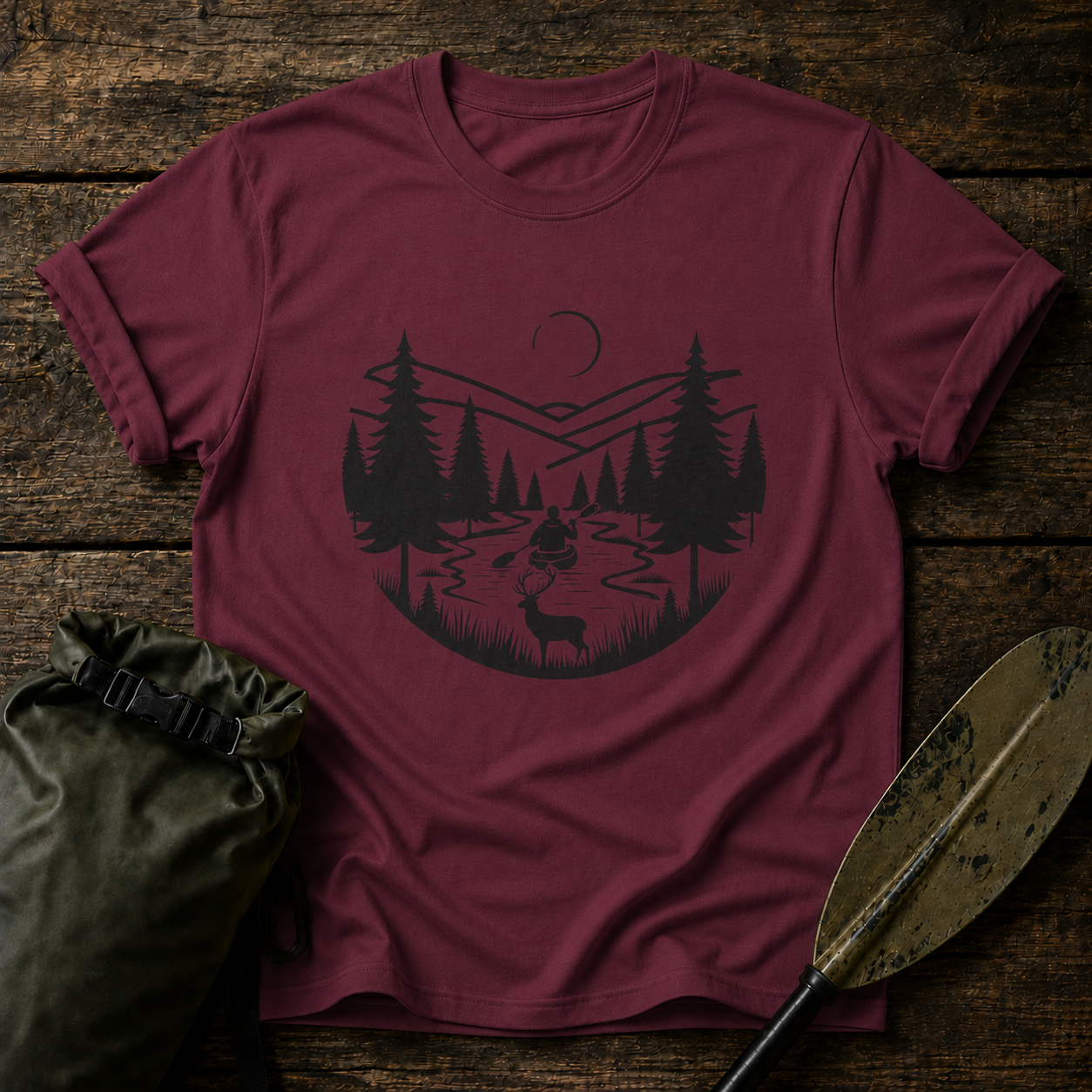 Mountain River Scene with Deer T-Shirt