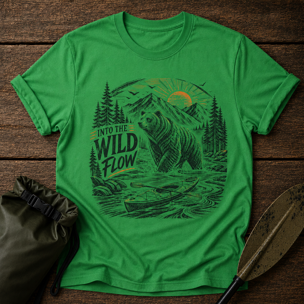 Into The Wild Flow Bear T‑Shirt — Fishing Nature Graphic Tee