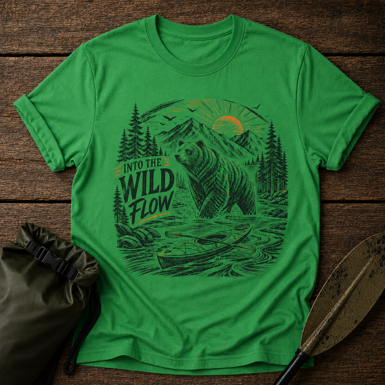 Into The Wild Flow Bear T‑Shirt — Fishing Nature Graphic Tee