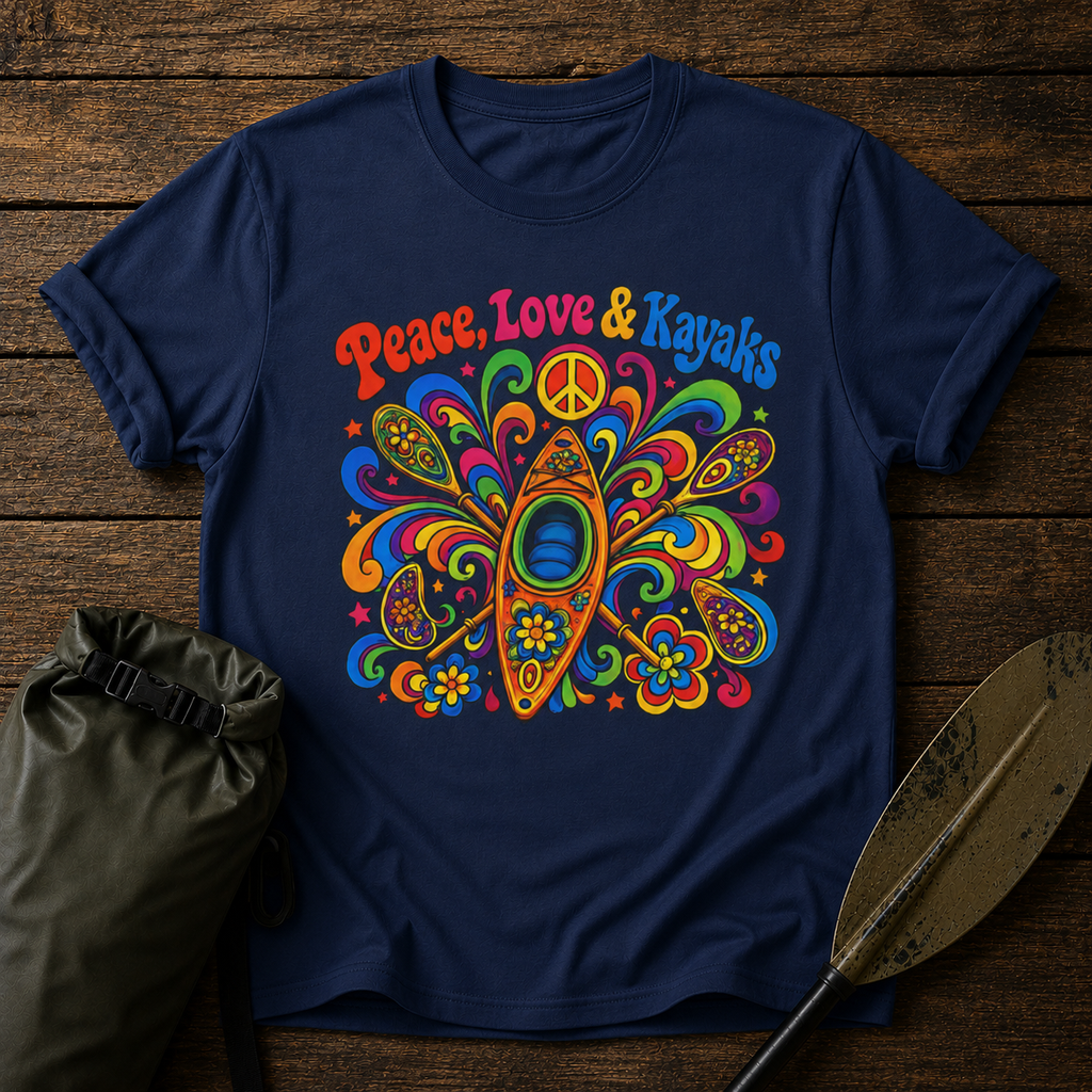 Peace, Love & Kayaks T-Shirt — Retro Hippie Tee