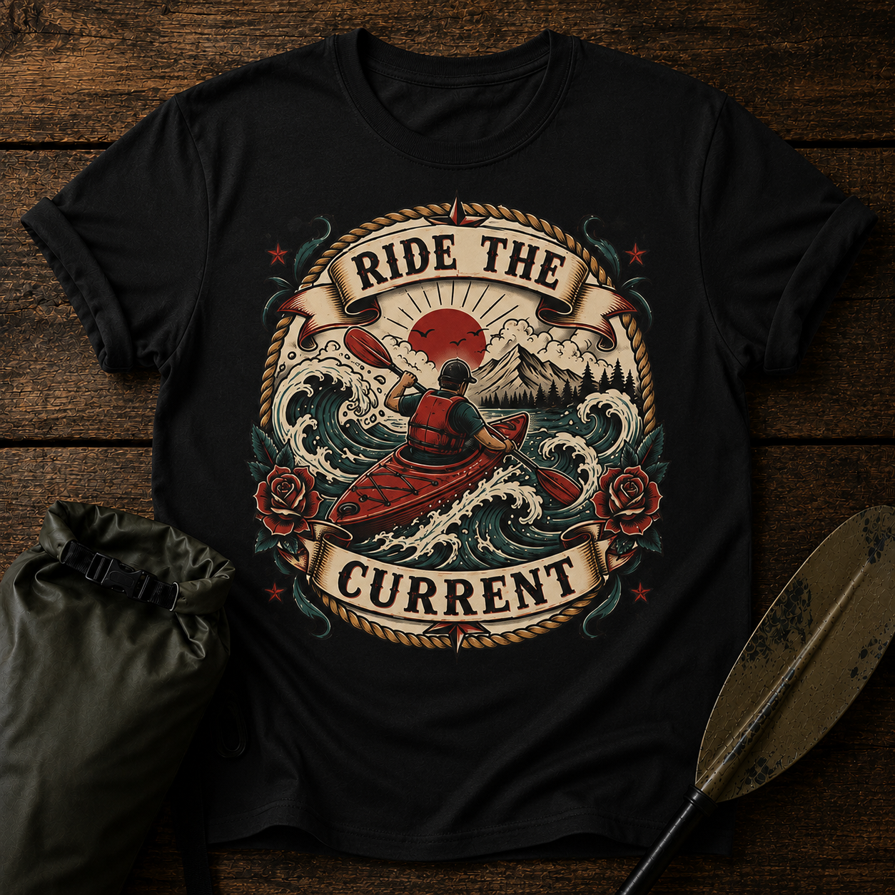 Ride the Current Surf T-Shirt — Retro Kayak Waves Graphic Tee