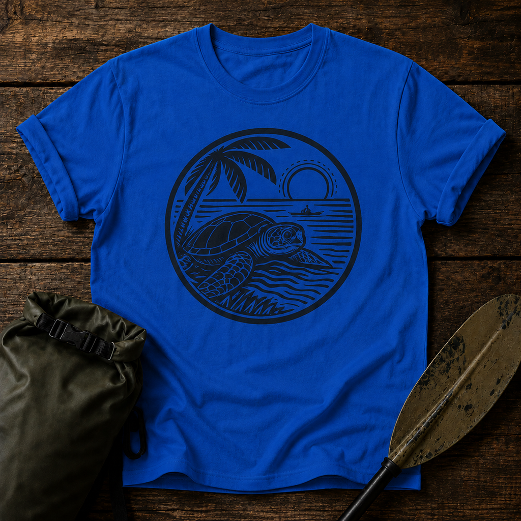 Sea Turtle with Kayak T-Shirt — Vintage Coastal Sunset Graphic