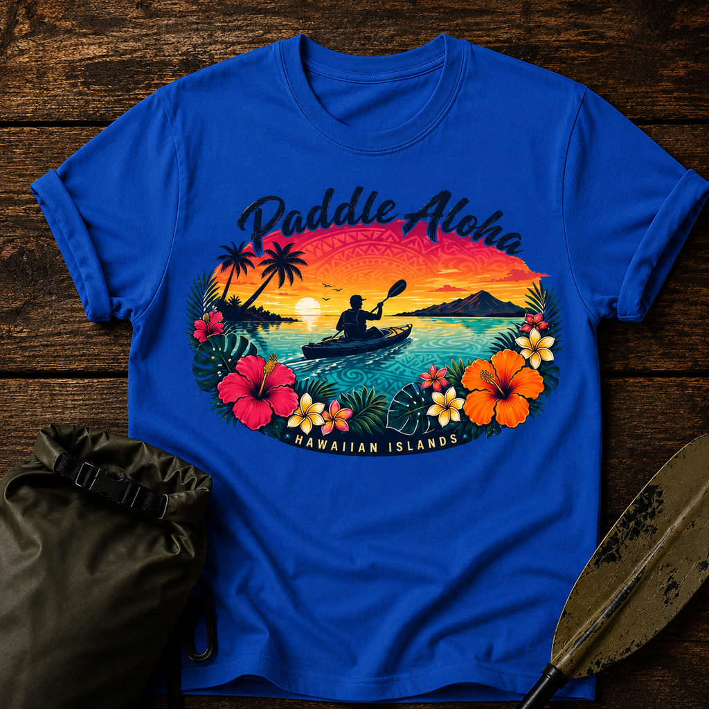 Paddle Aloha T-Shirt — Hawaiian Kayak Sunset Floral Tee