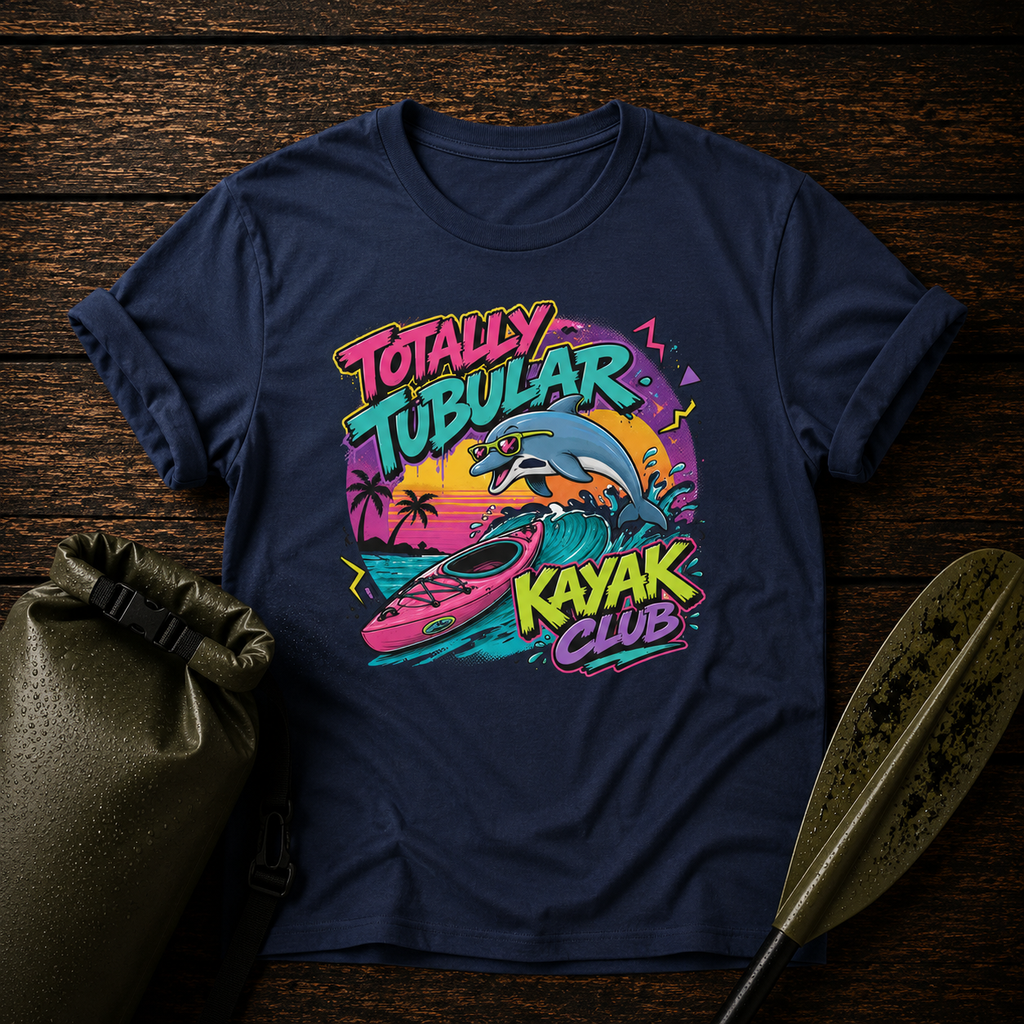 Totally Tubular Kayak Club T-Shirt — Retro Dolphin Kayaking Graphic