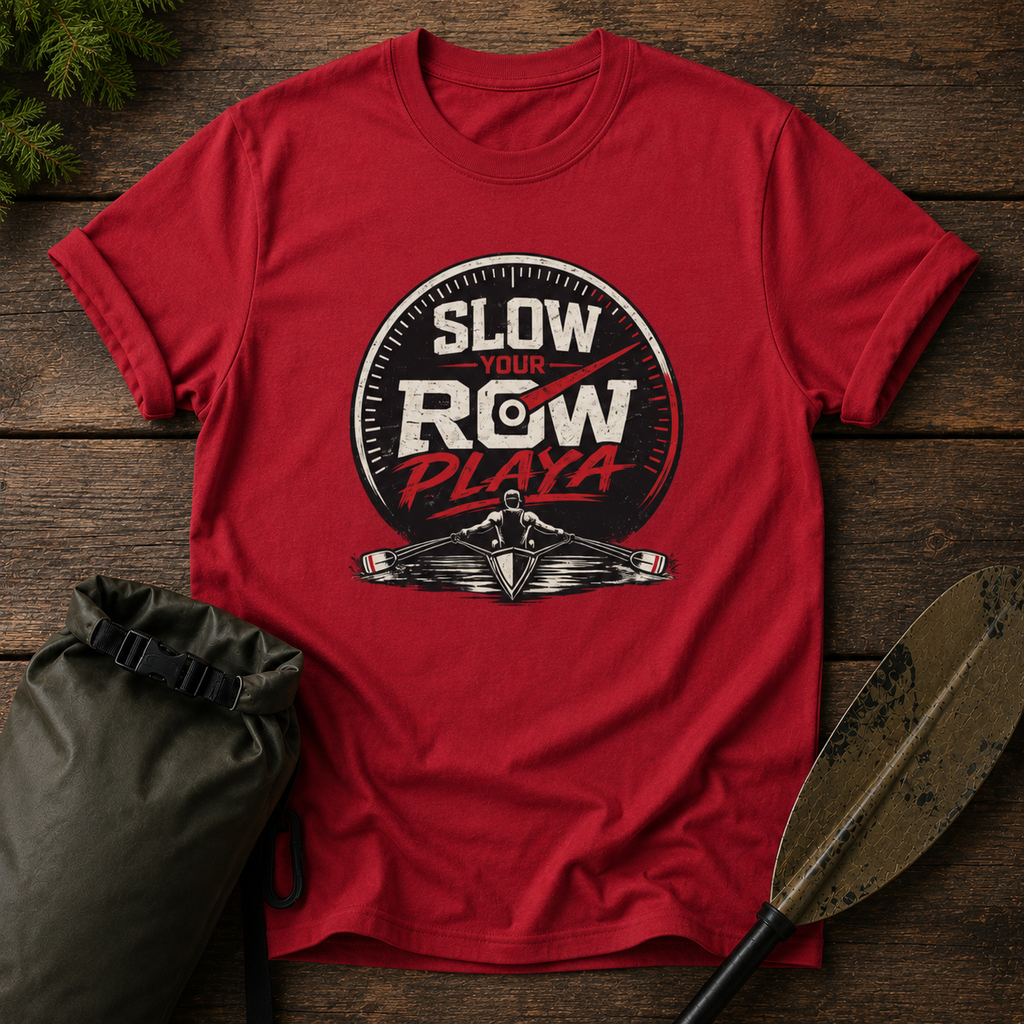 Slow Your Row Playa T-Shirt — Funny Kayak/Rowing Tee for Paddlers