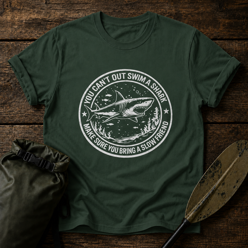 Shark Graphic T-Shirt — "You Can't Out Swim a Shark" Retro Fish Design