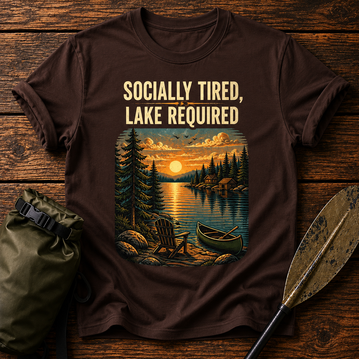 Lake Lover T-Shirt — "Socially Tired, Lake Required" Retro Sunset Camp Tee