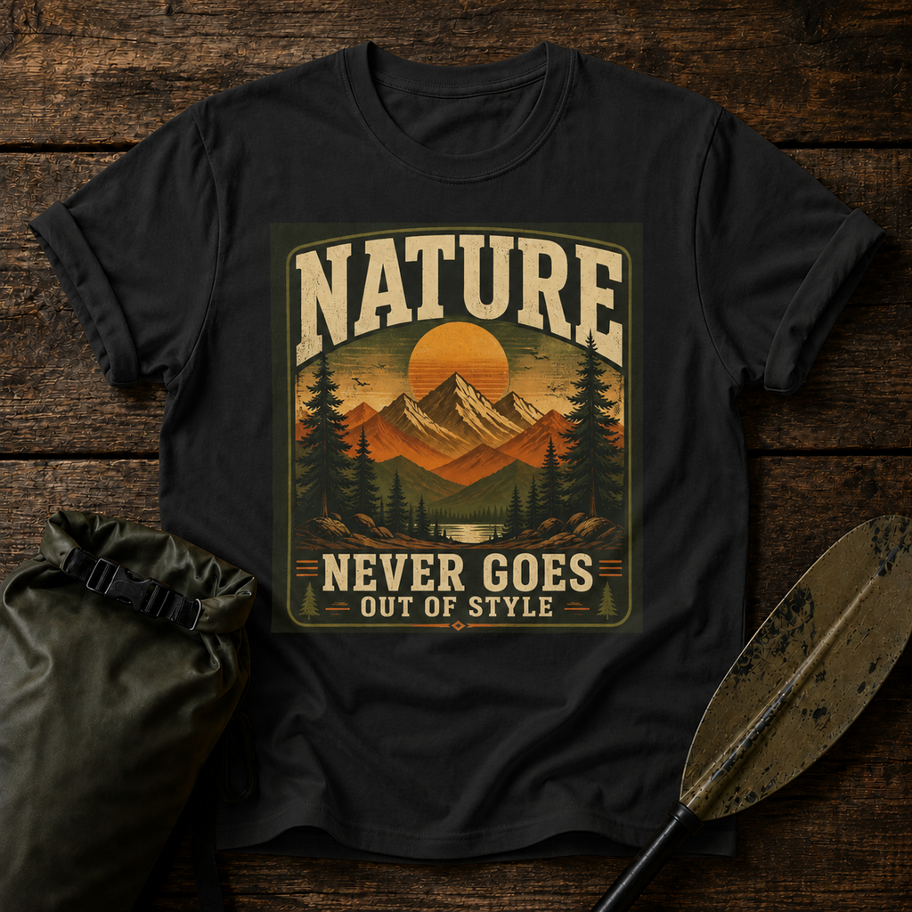 Nature T-Shirt — "Nature Never Goes Out of Style" Vintage Mountain Tee