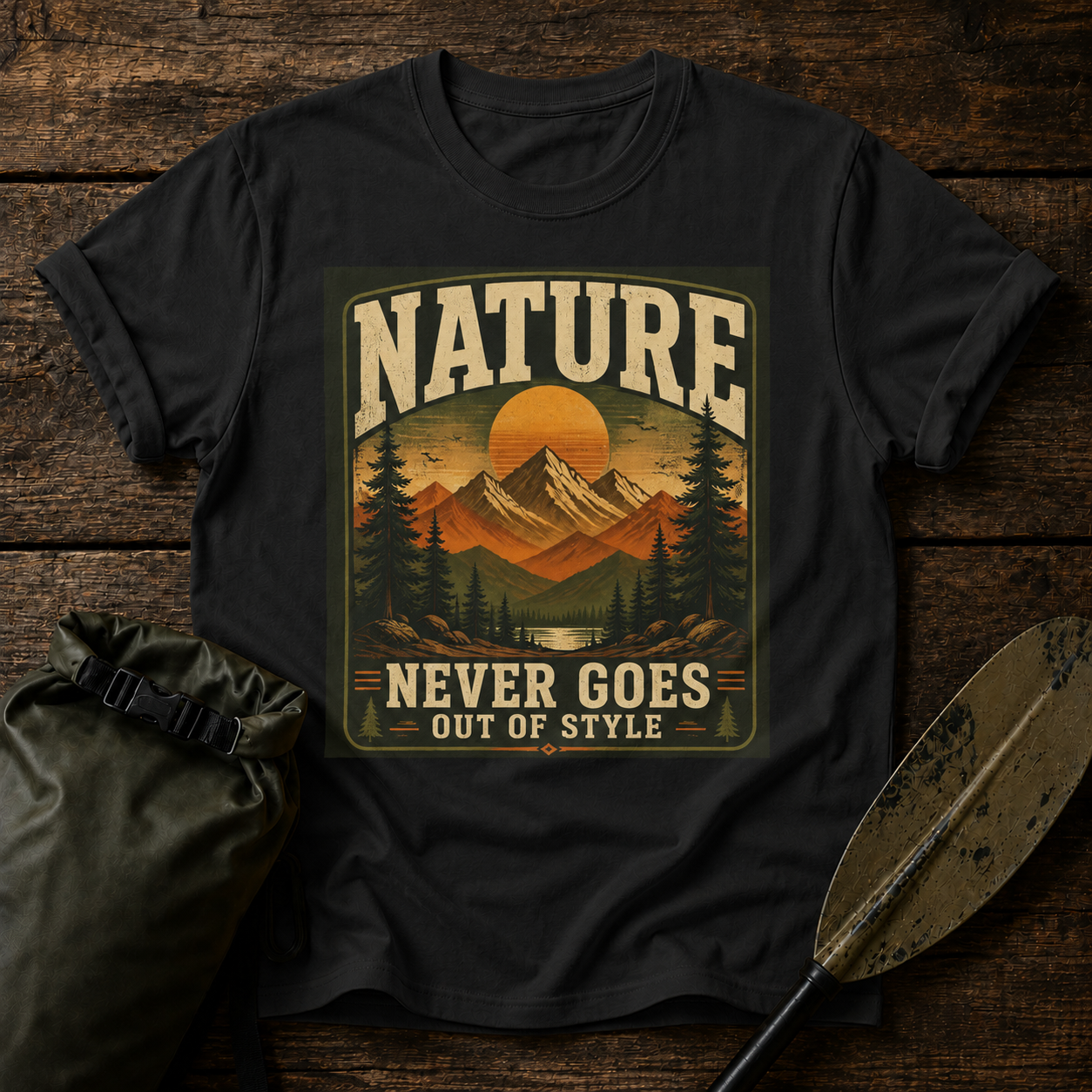 Nature T-Shirt — "Nature Never Goes Out of Style" Vintage Mountain Tee