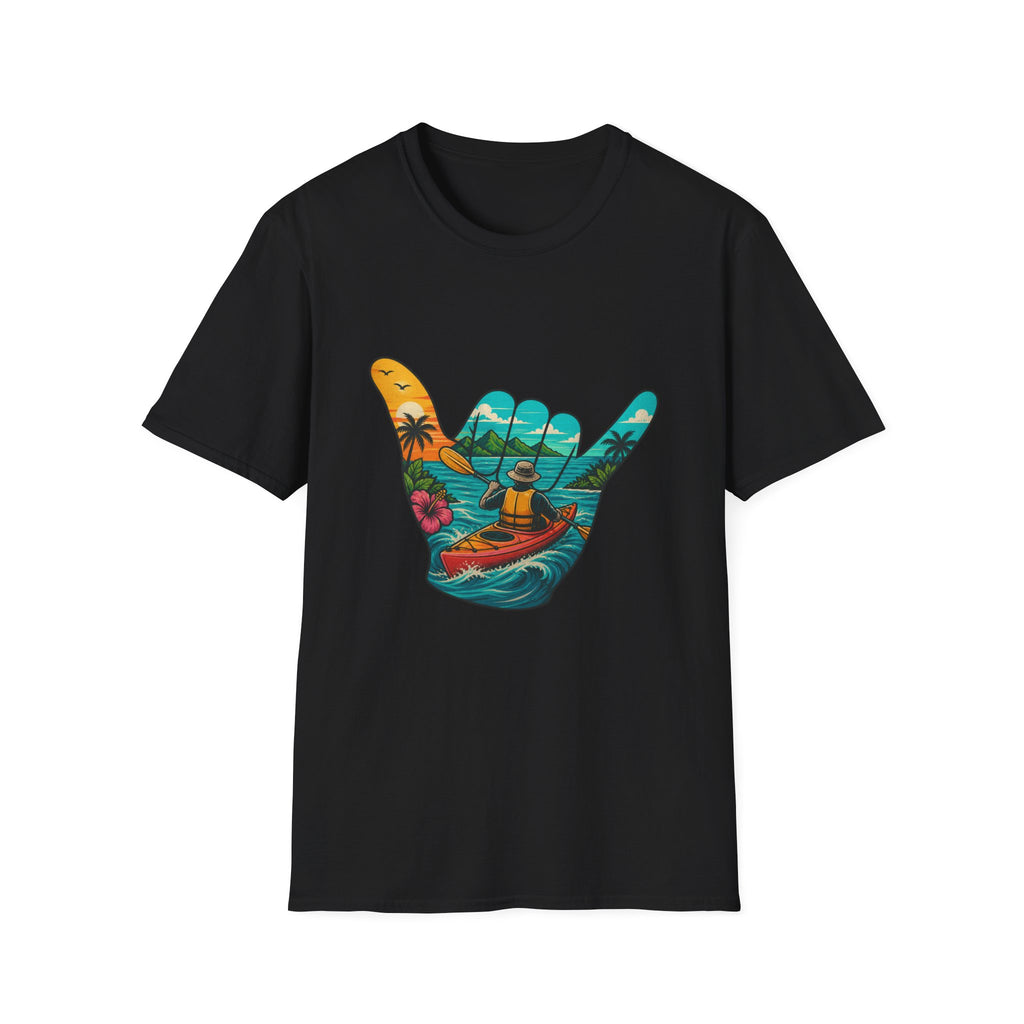 Shaka Kayak Vibes T-Shirt — Tropical Beach Hand Graphic