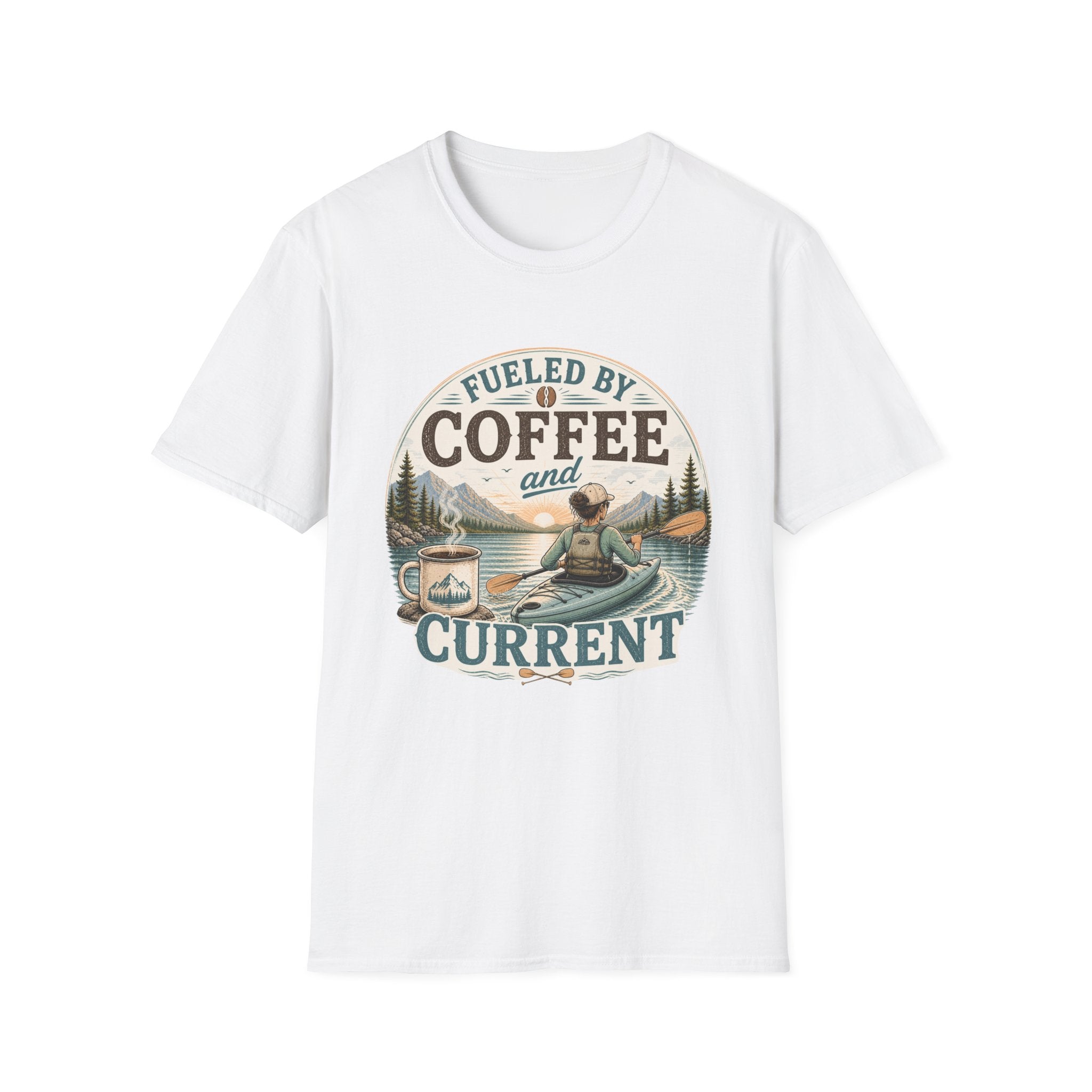 Kayak T-Shirt — "Fueled by Coffee and Current" Outdoor Adventure Tee