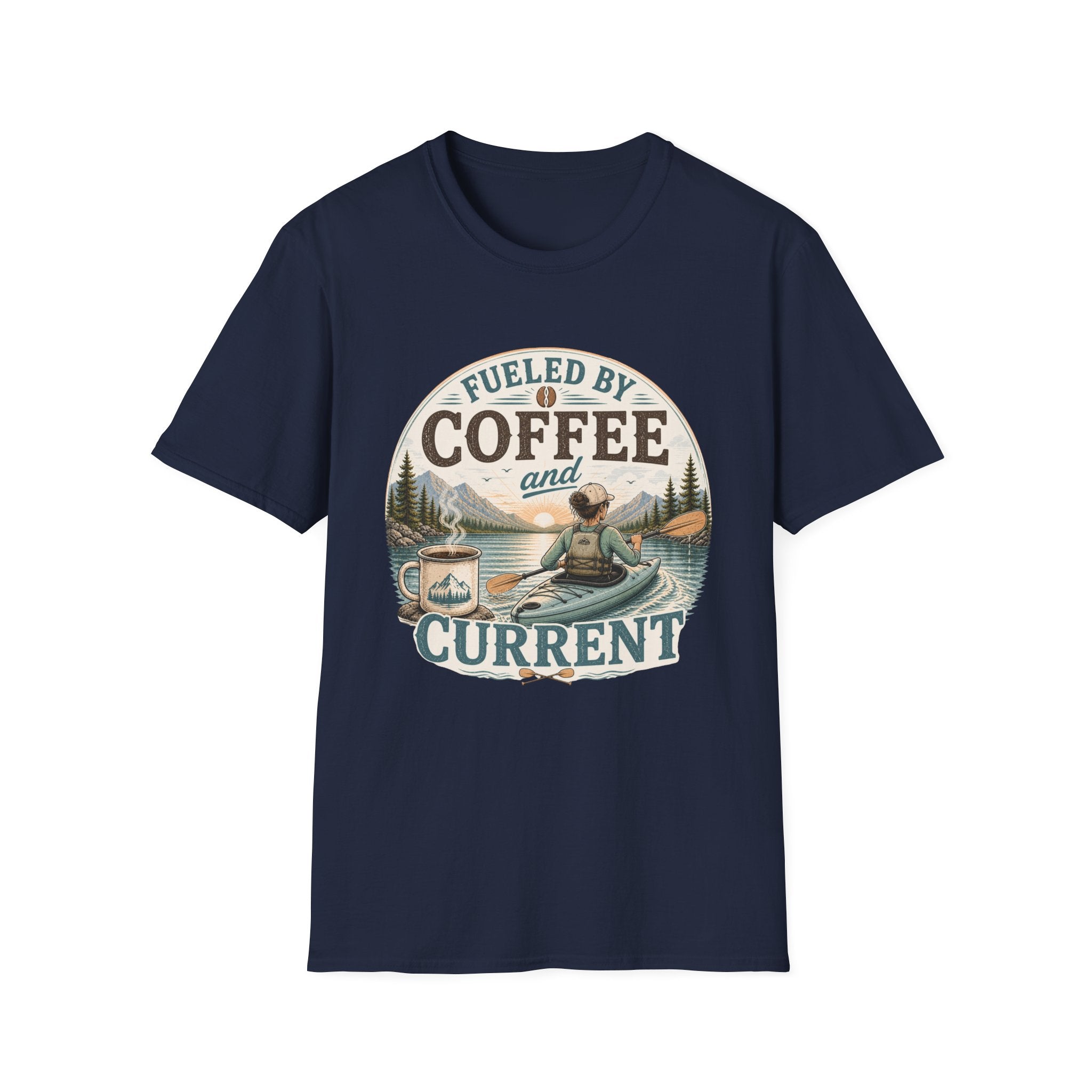 Kayak T-Shirt — "Fueled by Coffee and Current" Outdoor Adventure Tee