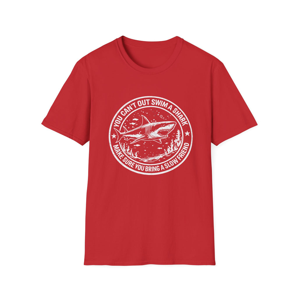 Shark Graphic T-Shirt — "You Can't Out Swim a Shark" Retro Fish Design