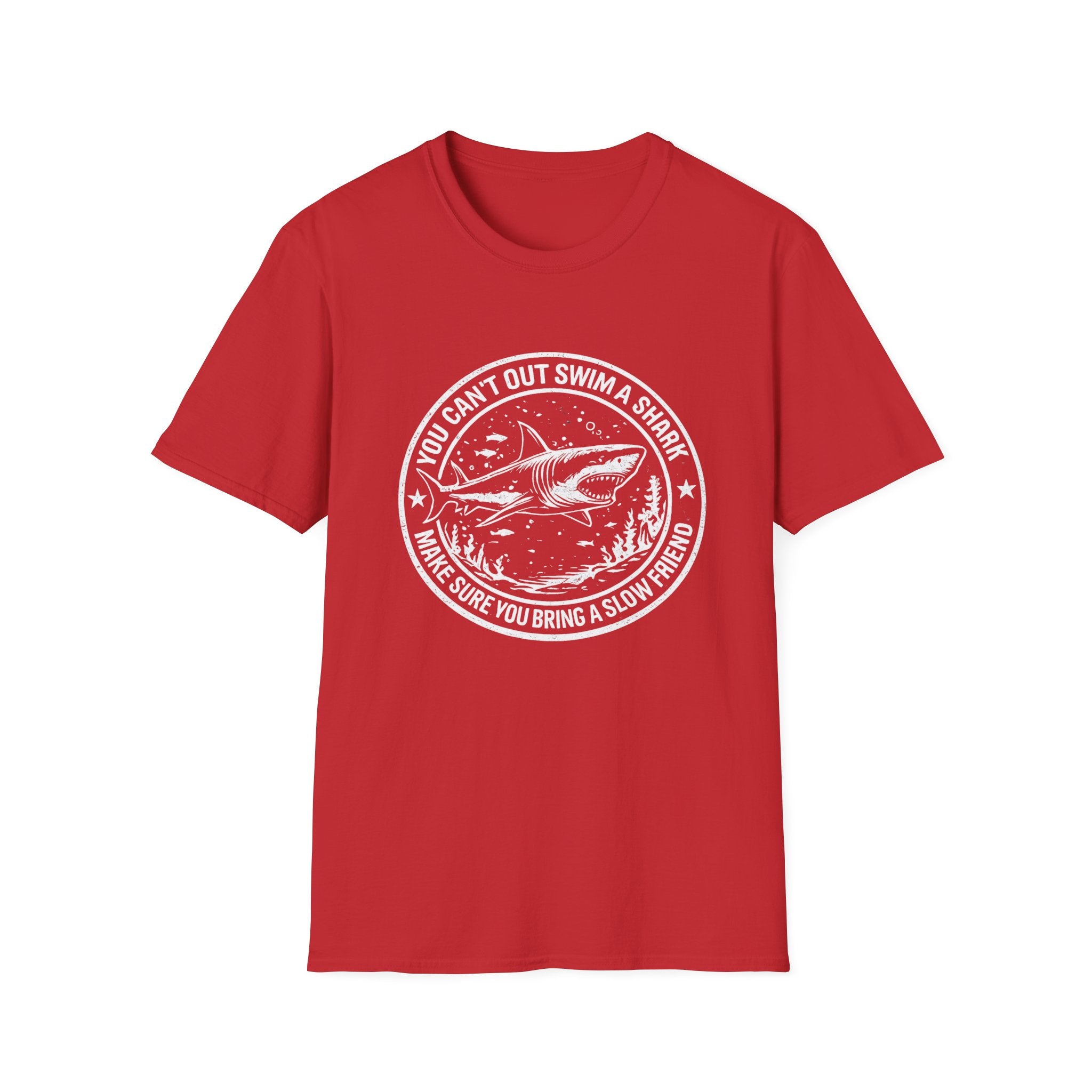 Shark Graphic T-Shirt — "You Can't Out Swim a Shark" Retro Fish Design