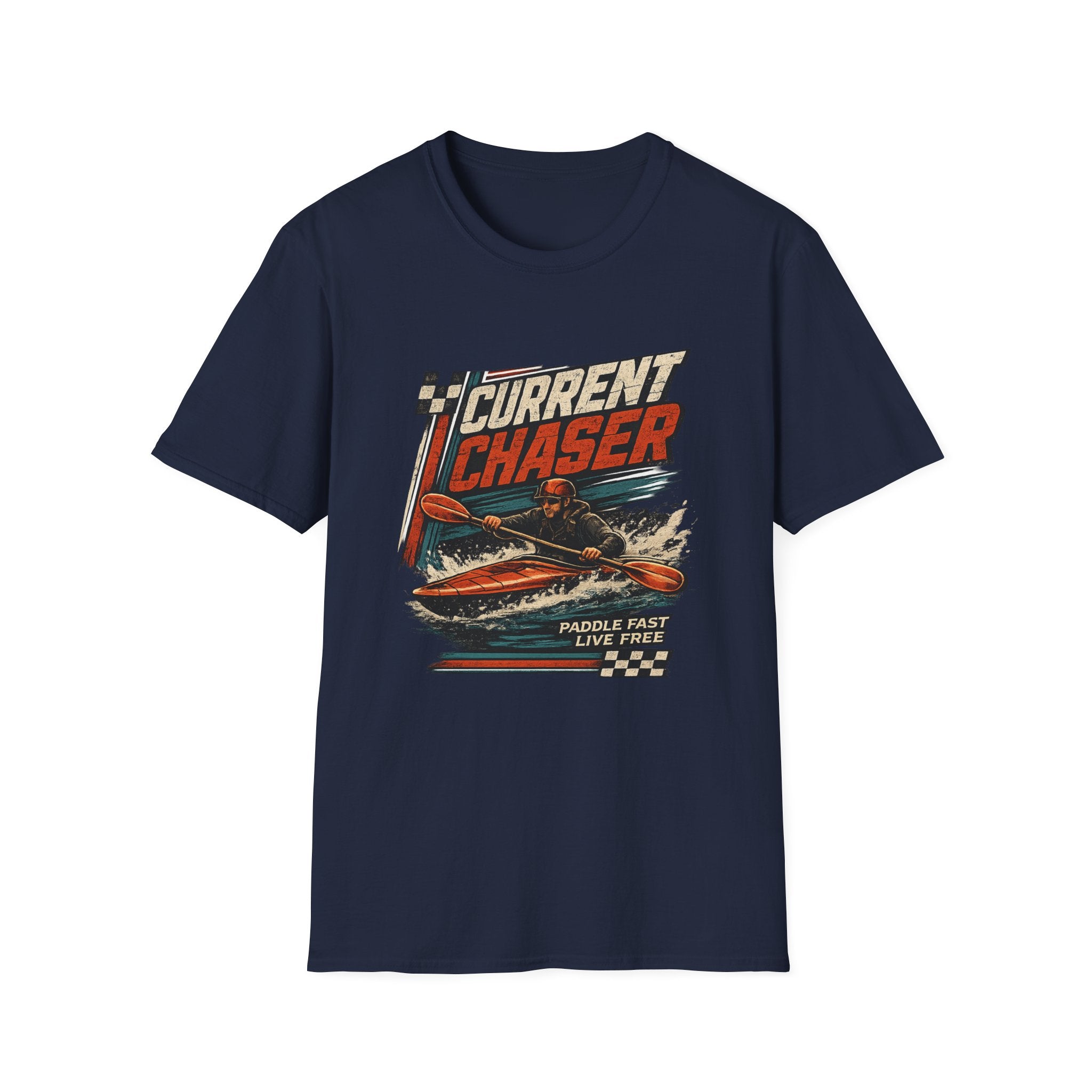 Current Chaser Kayak T-Shirt — Paddle Fast Live Free Vintage Watercraft Tee