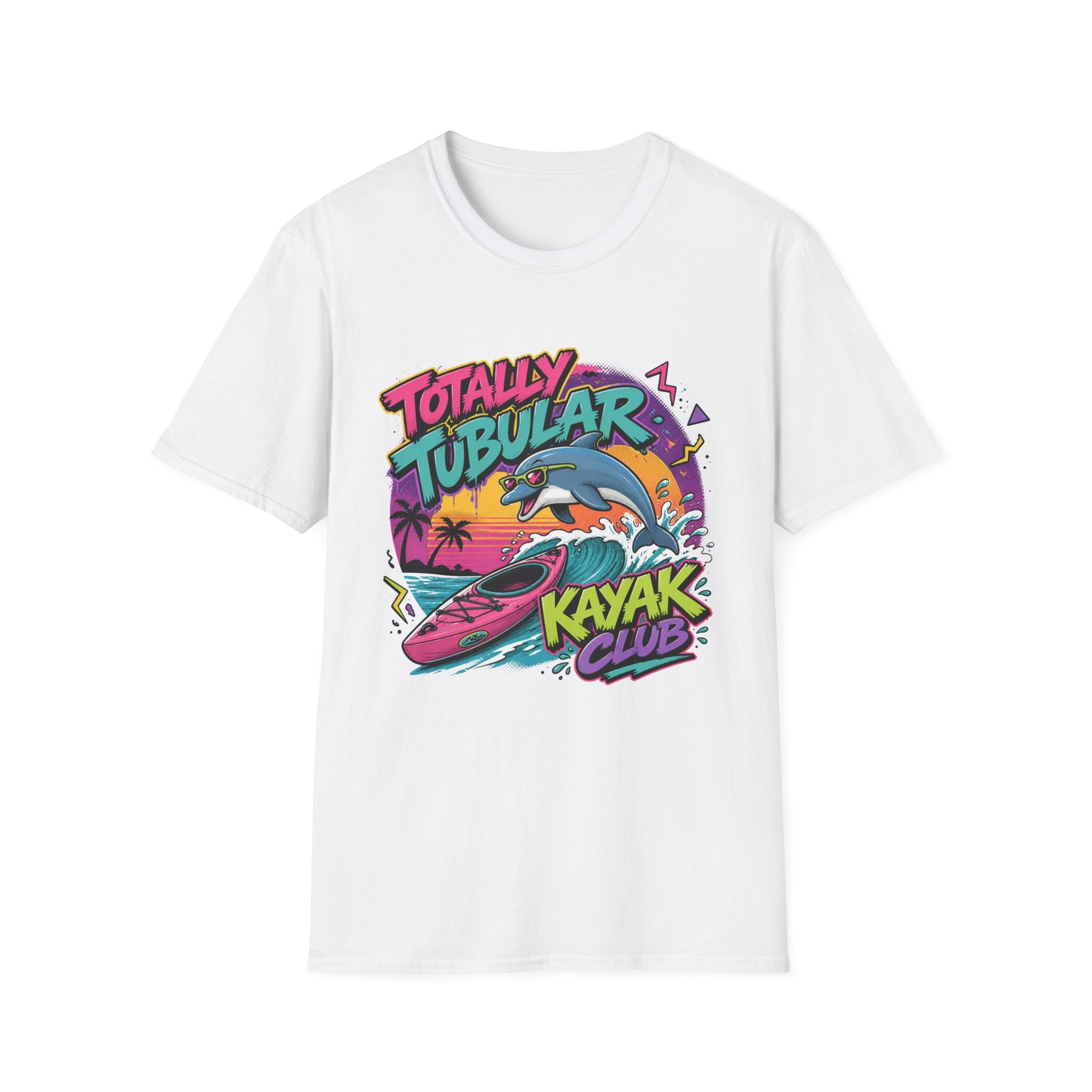 Totally Tubular Kayak Club T-Shirt — Retro Dolphin Kayaking Graphic