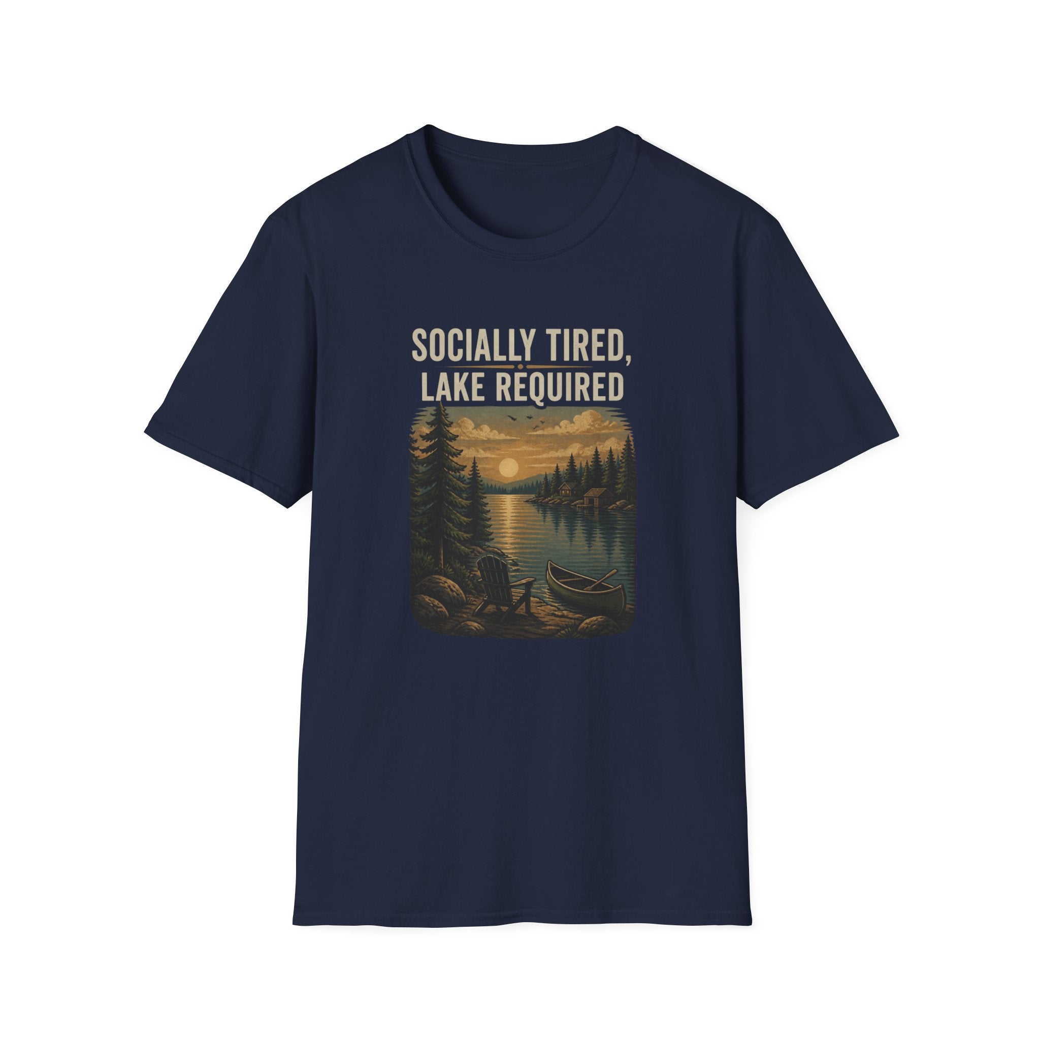 Lake Lover T-Shirt — "Socially Tired, Lake Required" Retro Sunset Camp Tee