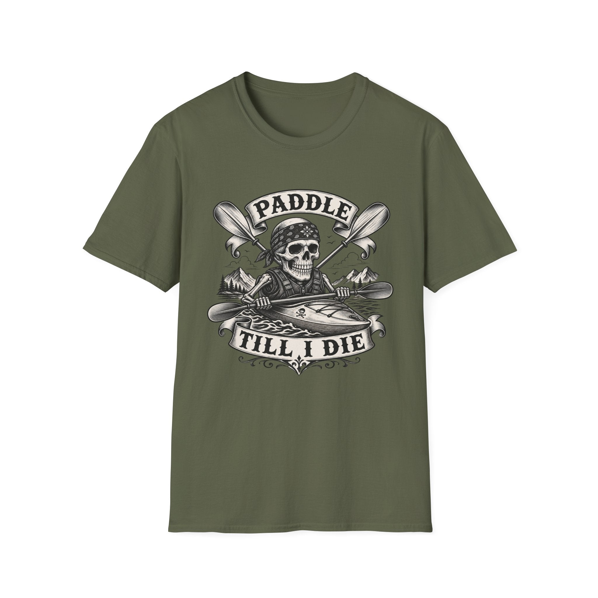 Paddle Till I Die T-Shirt — Skull Kayak Paddle Tee for Paddlers & Kayak Lovers