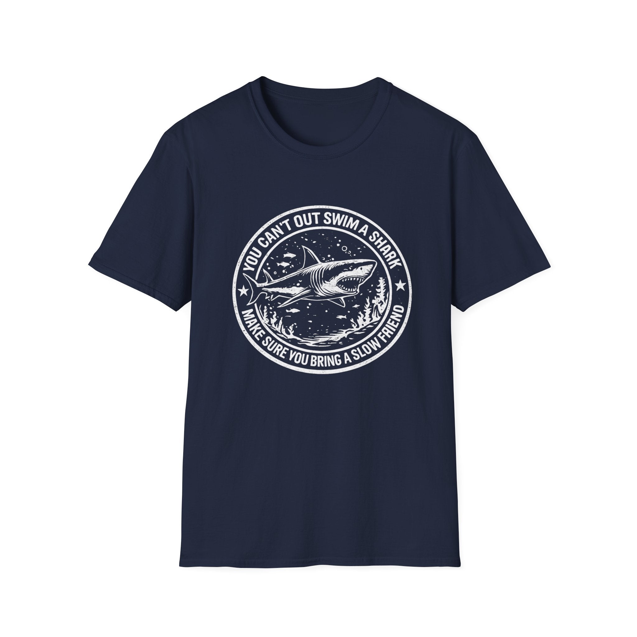 Shark Graphic T-Shirt — "You Can't Out Swim a Shark" Retro Fish Design