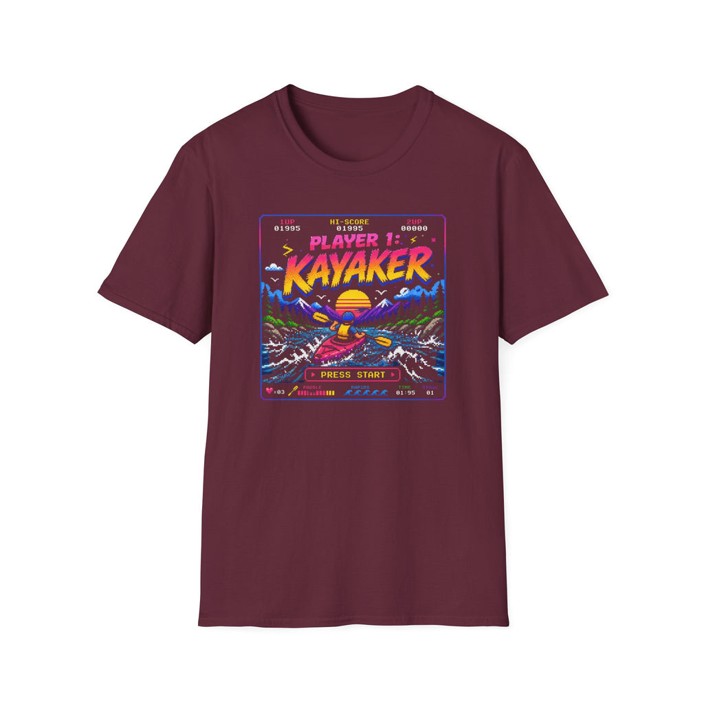 Kayaker Retro Arcade T-Shirt — Player 1 Kayaking Gamer Tee